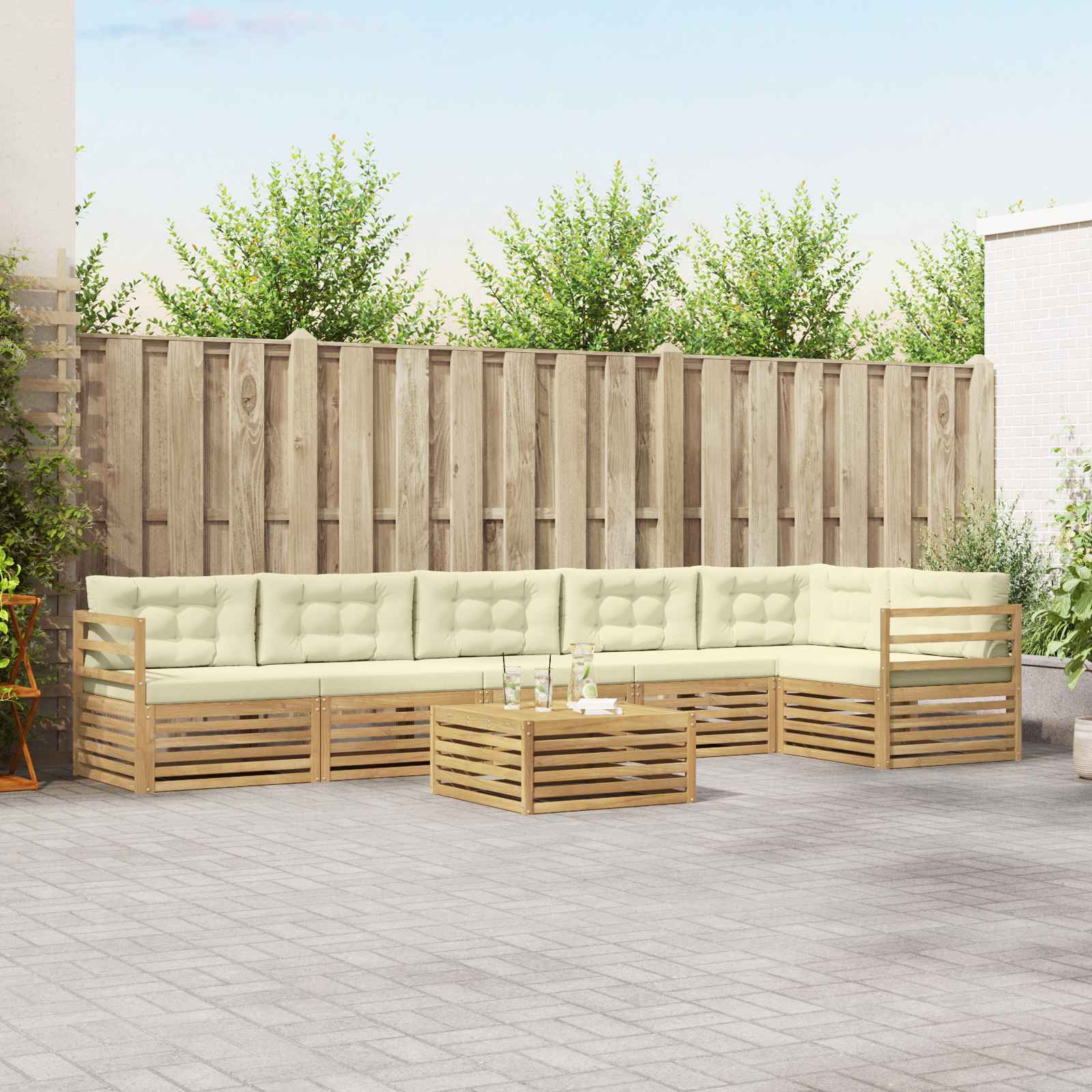 Outdoor-Sofagarnitur mit Kissen 7 pcs Weiß und Creme Polyester