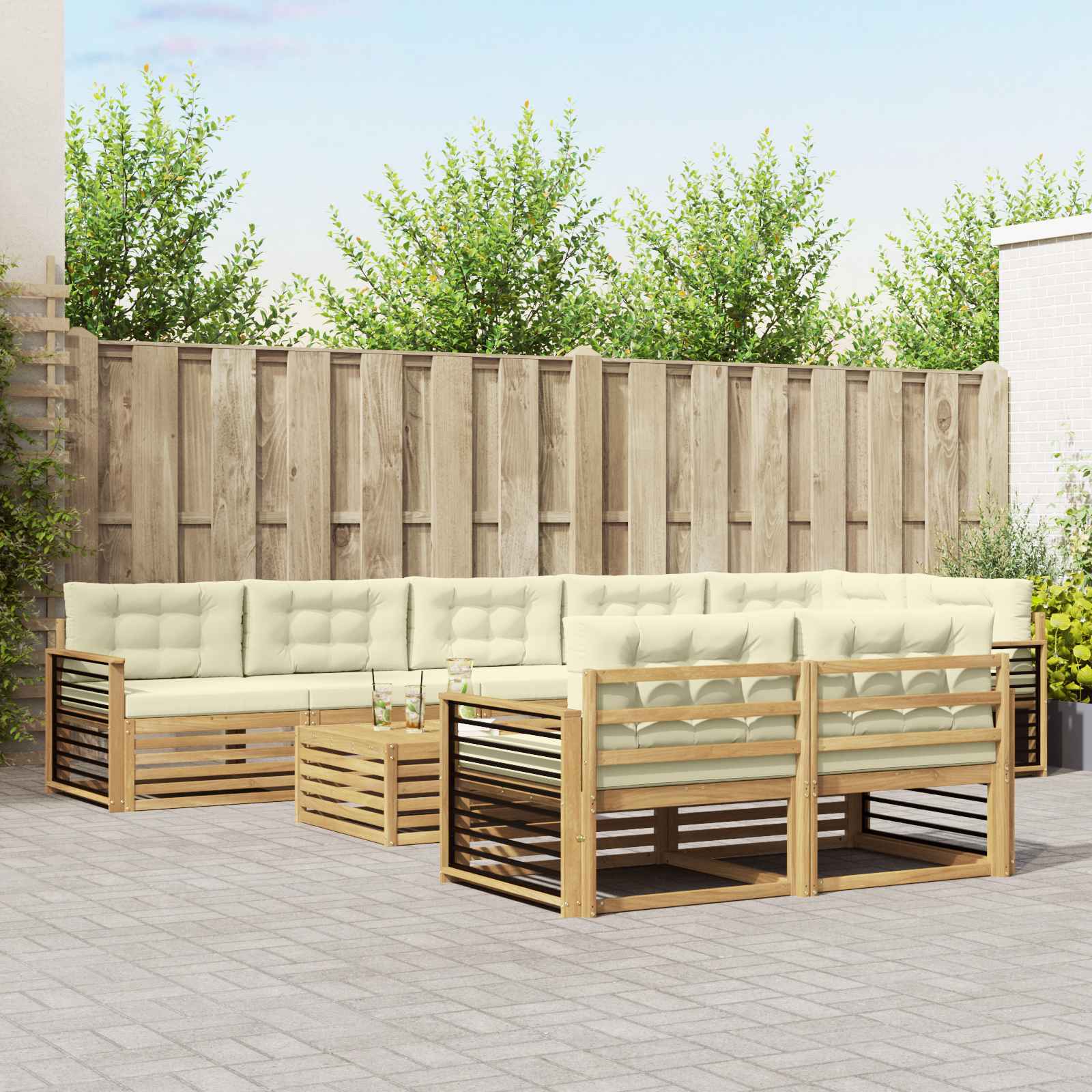 Outdoor-Sofagarnitur mit Kissen 9 pcs Weiß und Creme Polyester
