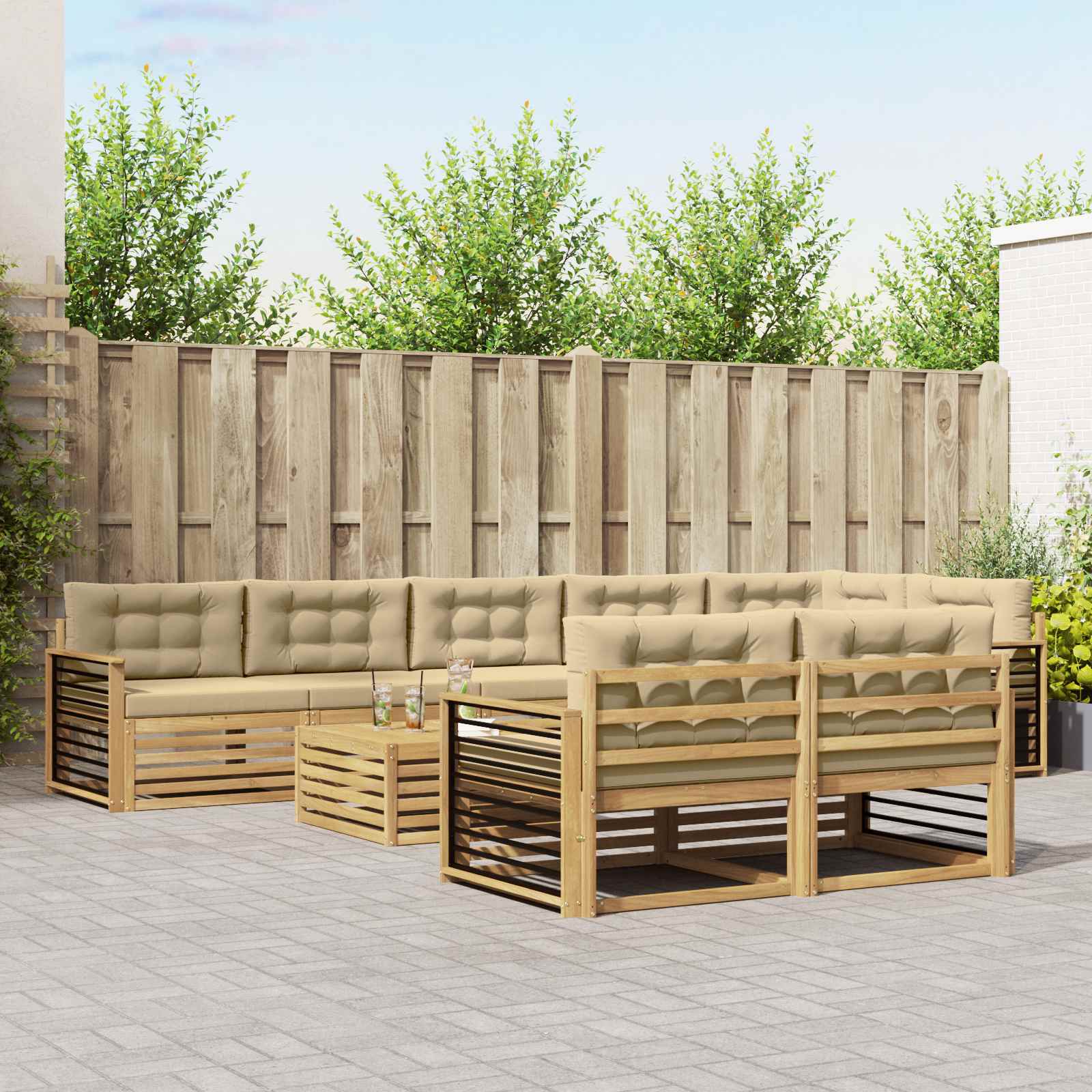 Outdoor-Sofagarnitur mit Kissen 9 pcs Weiß und Beige Polyester