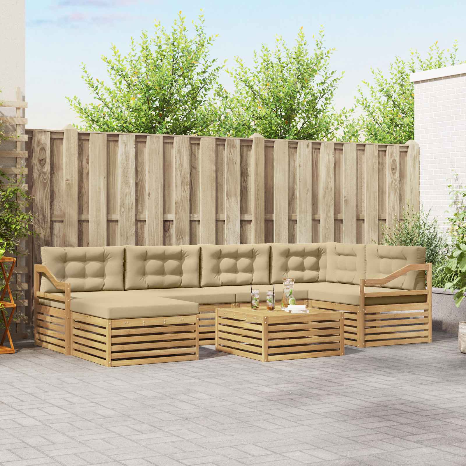 Outdoor-Sofagarnitur mit Kissen 7 pcs Weiß und Beige