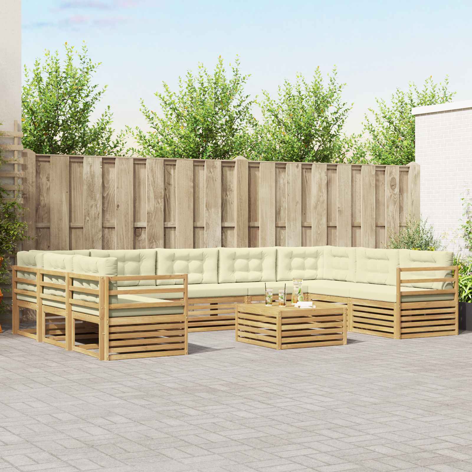 Outdoor-Sofagarnitur mit Kissen 10 pcs Weiß und Creme Polyester