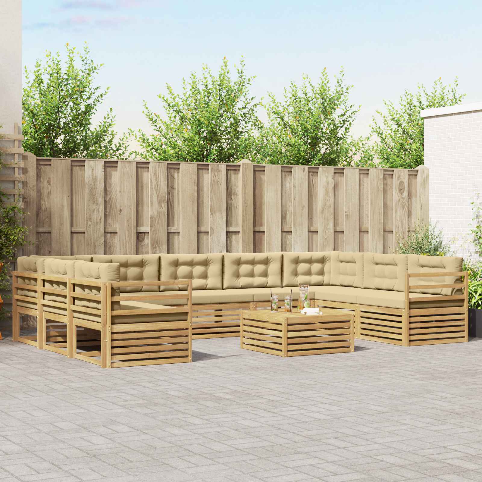 Outdoor-Sofagarnitur mit Kissen 10 pcs Weiß und Beige Polyester