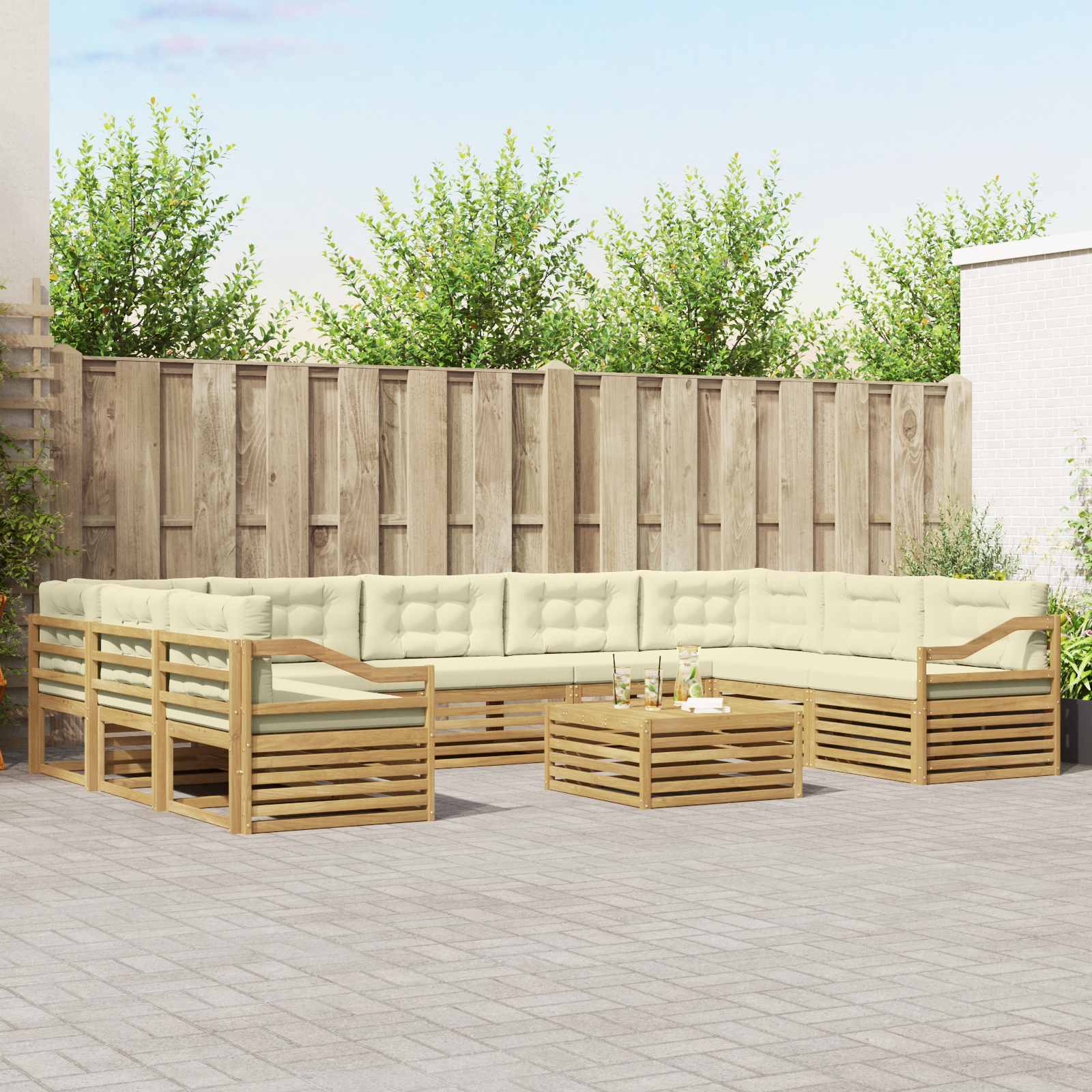 Outdoor-Sofagarnitur mit Kissen 10 pcs Weiß und Creme Polyester