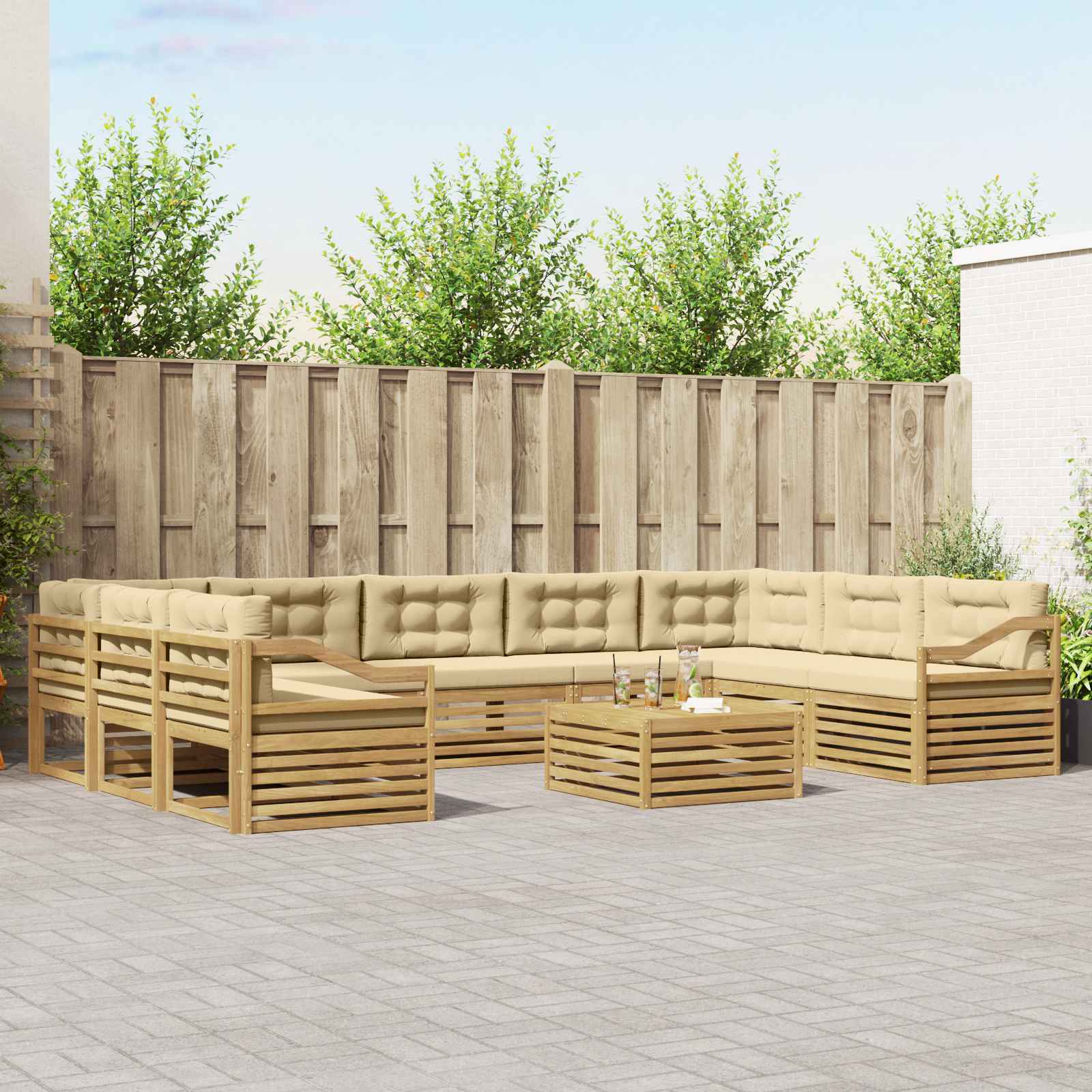Outdoor-Sofagarnitur mit Kissen 10 pcs Weiß und Beige Polyester