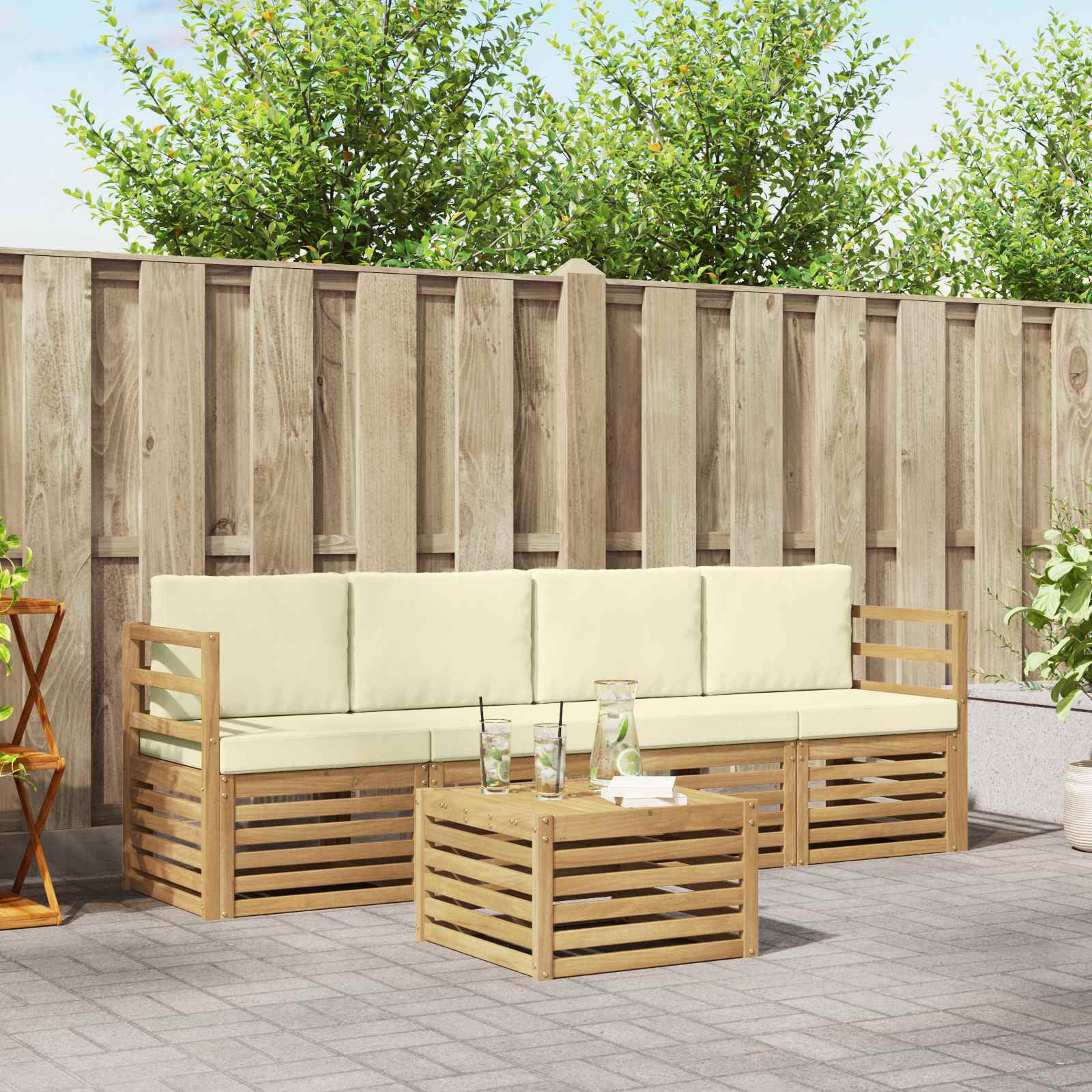 Outdoor-Sofagarnitur mit Kissen 5 pcs Weiß und Creme Polyester