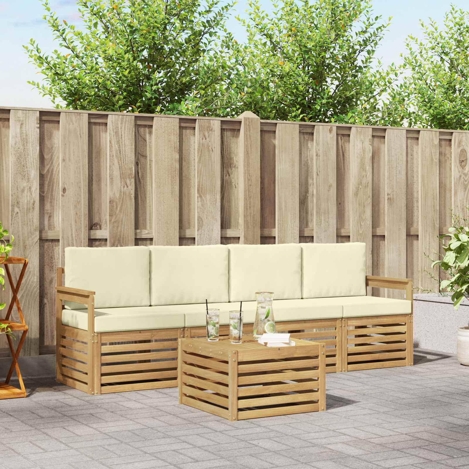 Outdoor-Sofagarnitur mit Kissen 5 pcs Weiß und Creme Polyester