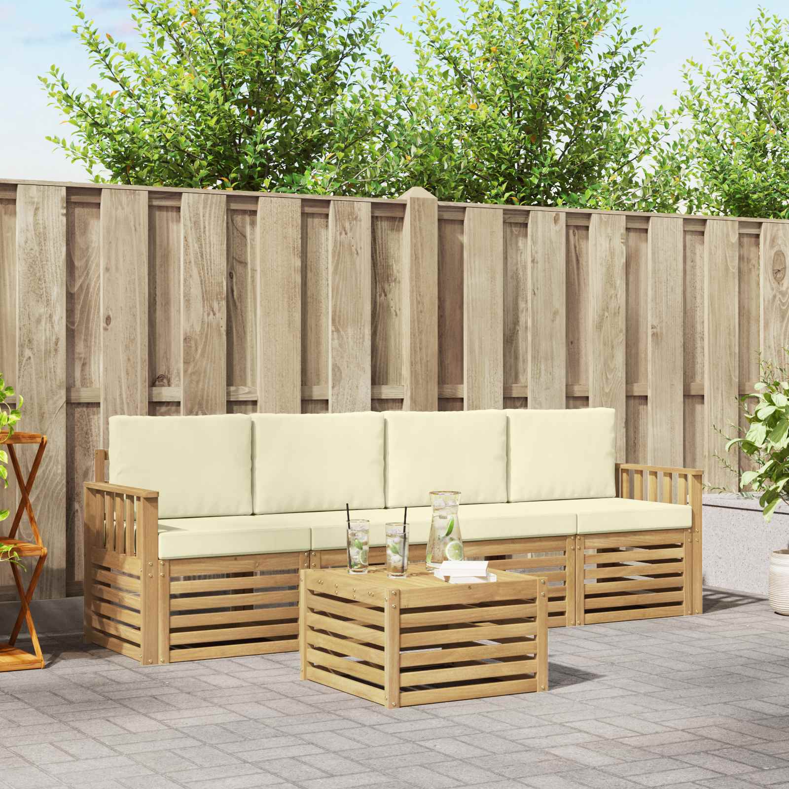 Outdoor-Sofagarnitur mit Kissen 5 pcs Weiß und Creme Polyester