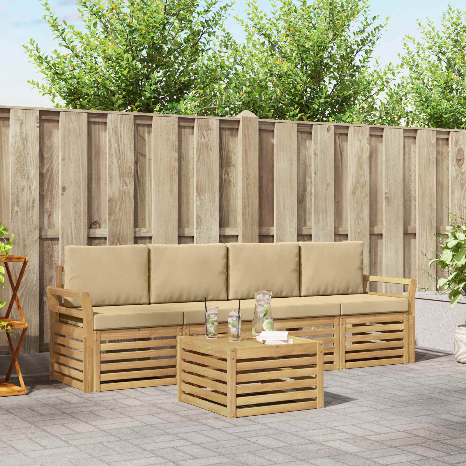 Outdoor-Sofagarnitur mit Kissen 5 pcs Weiß und Beige Polyester