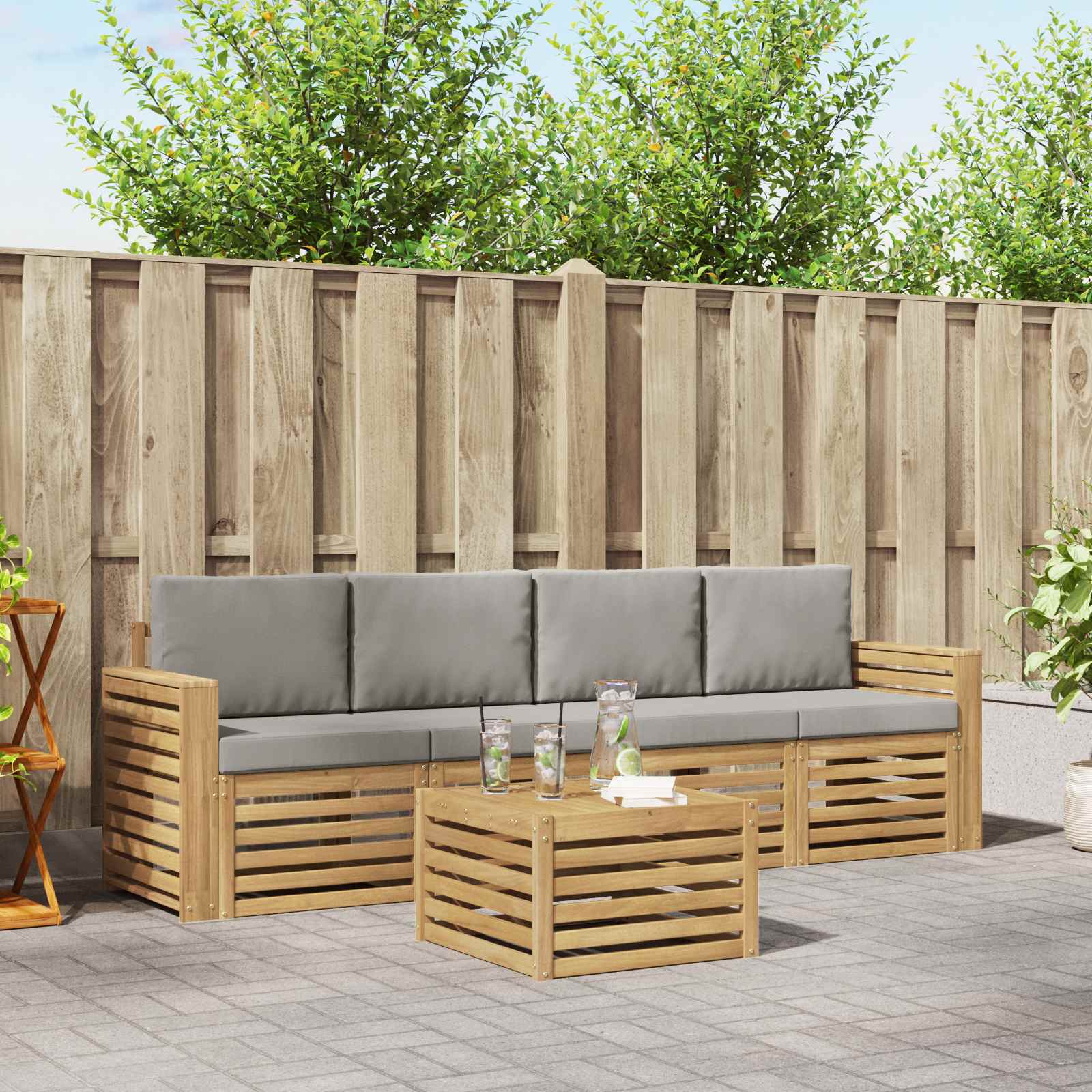 Outdoor-Sofagarnitur 5 pcs Weiß und Hellgrau Polyester