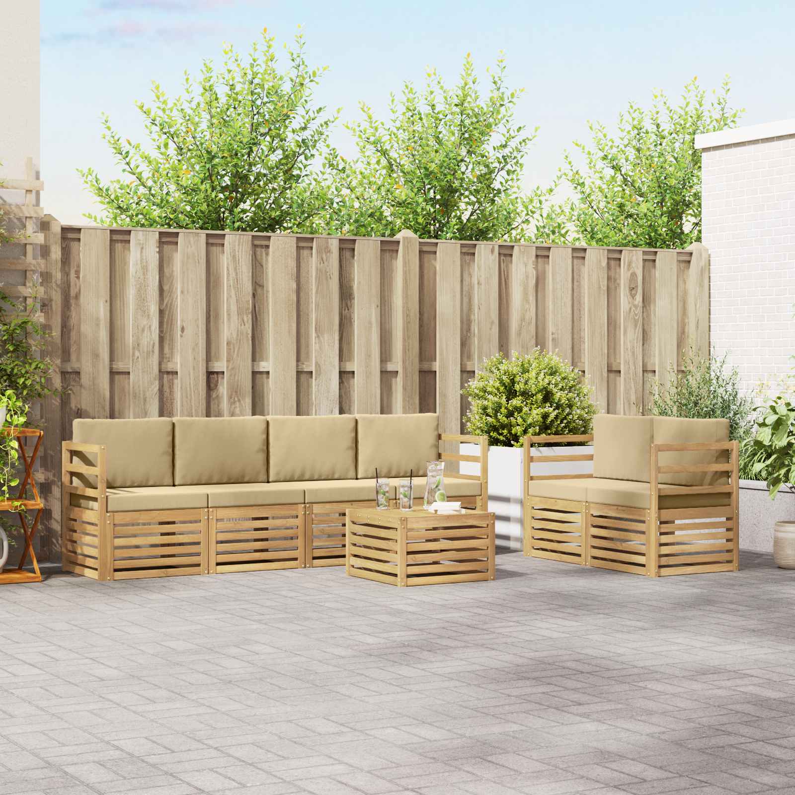 Outdoor-Sofagarnitur mit Kissen 7 pcs Weiß und Beige Polyester