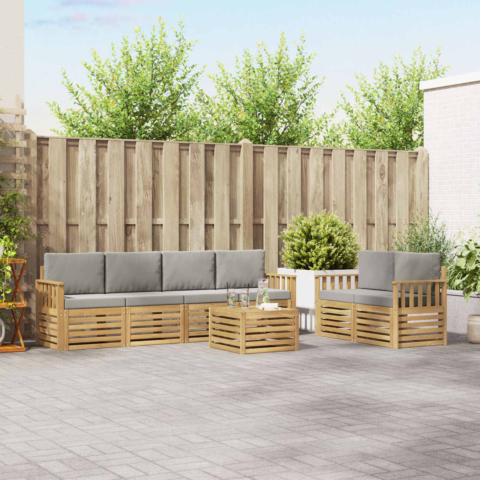 Outdoor-Sofagarnitur 7 pcs Weiß und Hellgrau Polyester
