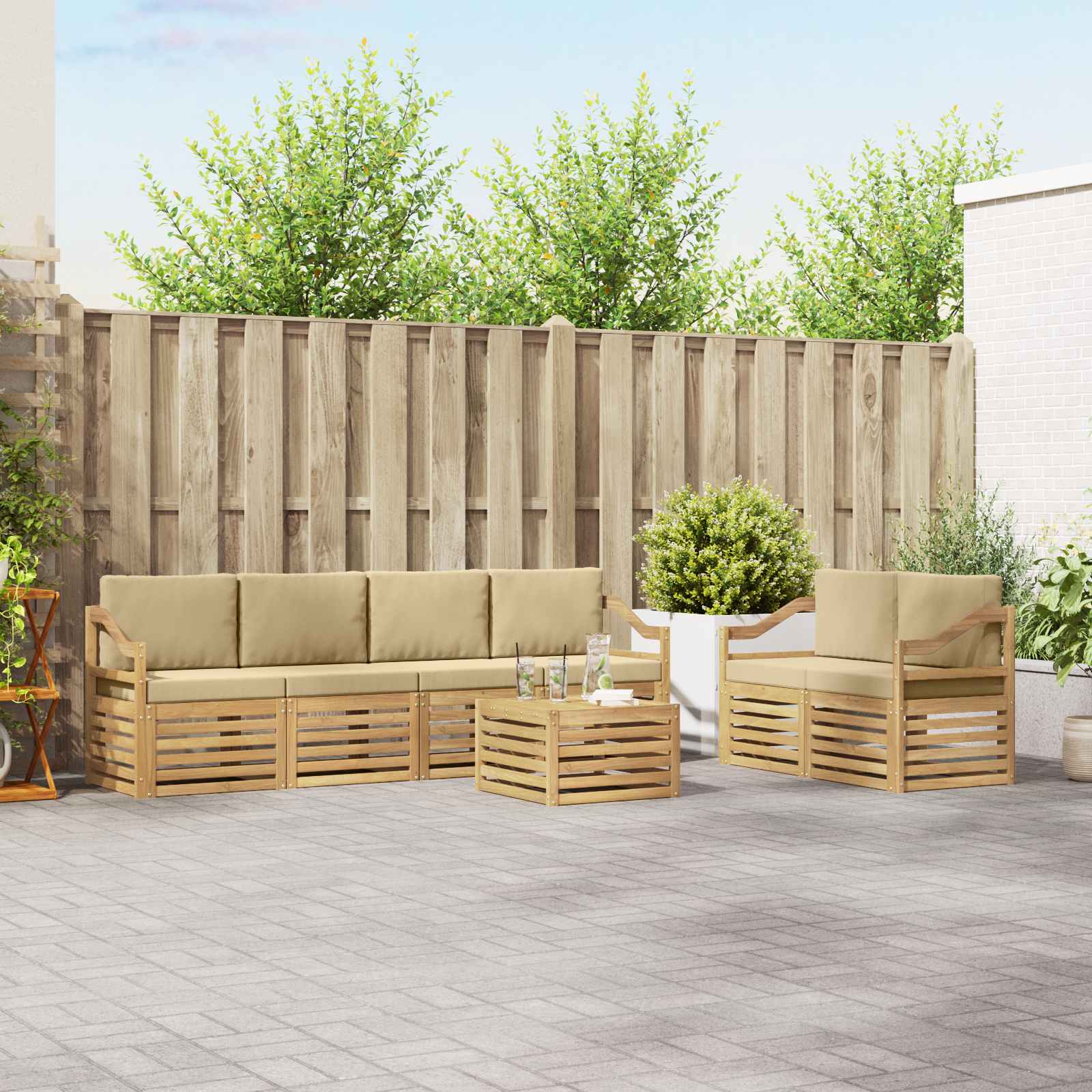Outdoor-Sofagarnitur mit Kissen 7 pcs Weiß und Beige Polyester