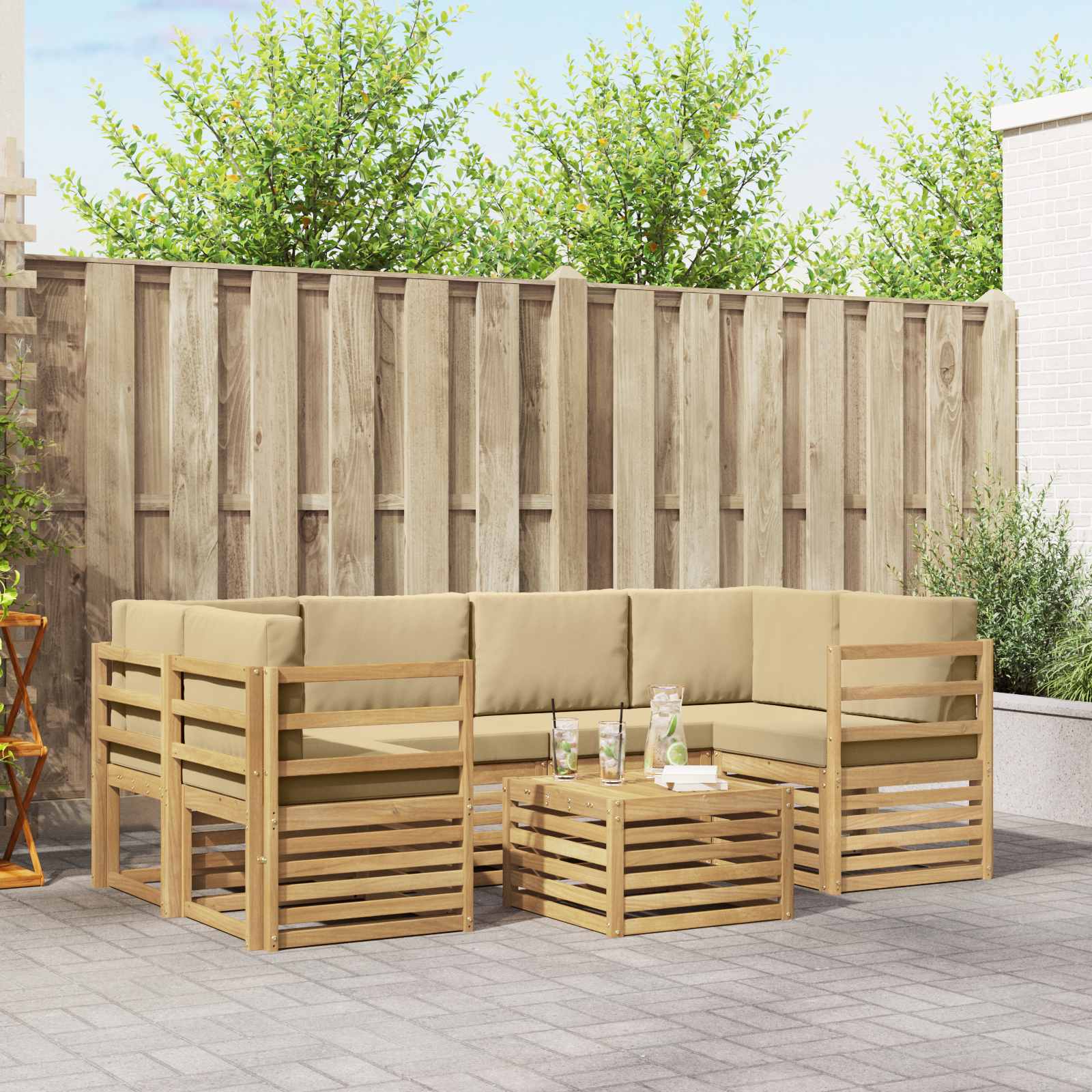 Outdoor-Sofagarnitur mit Kissen 7 pcs Weiß und Beige Polyester