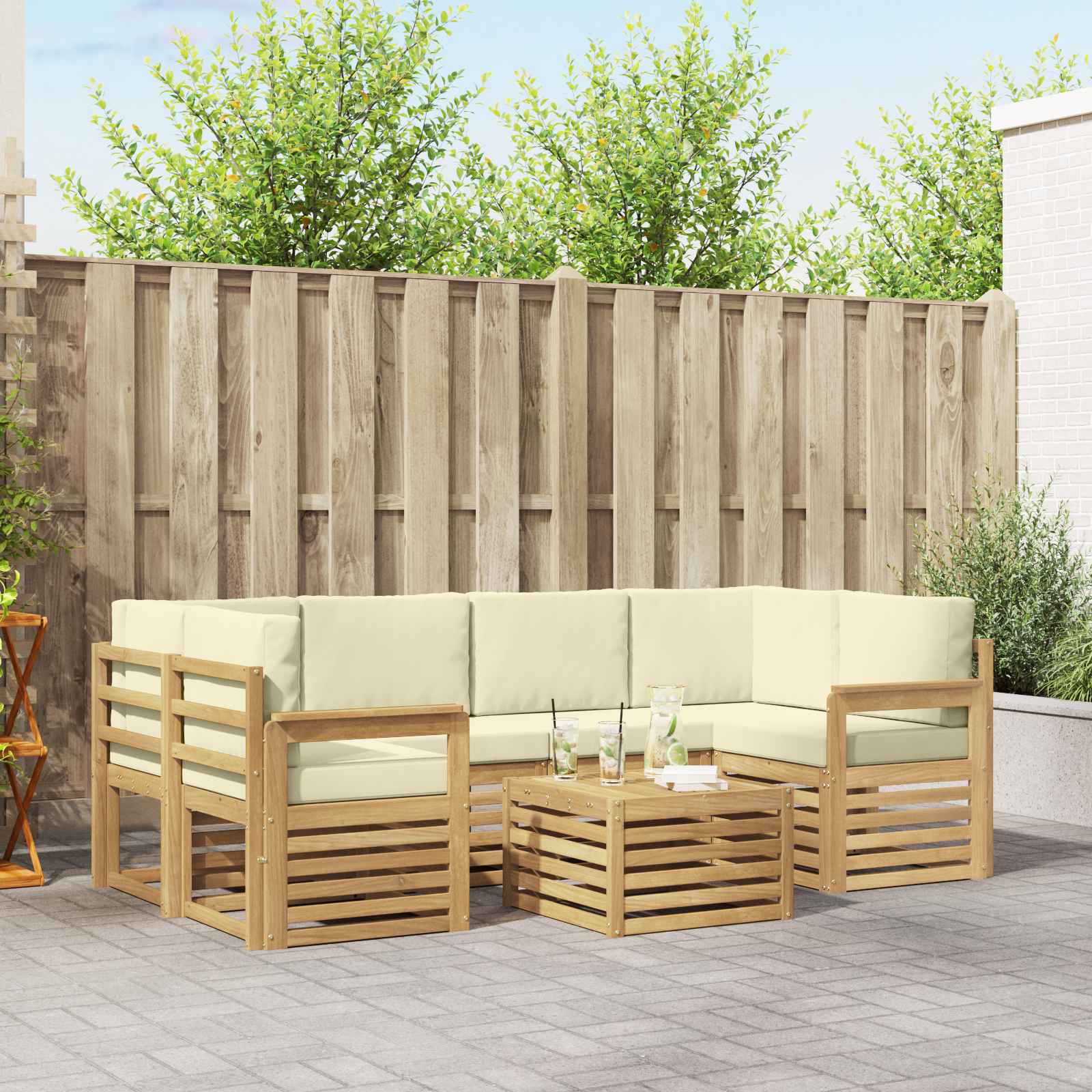 Outdoor-Sofagarnitur mit Kissen 7 pcs Weiß und Creme Polyester