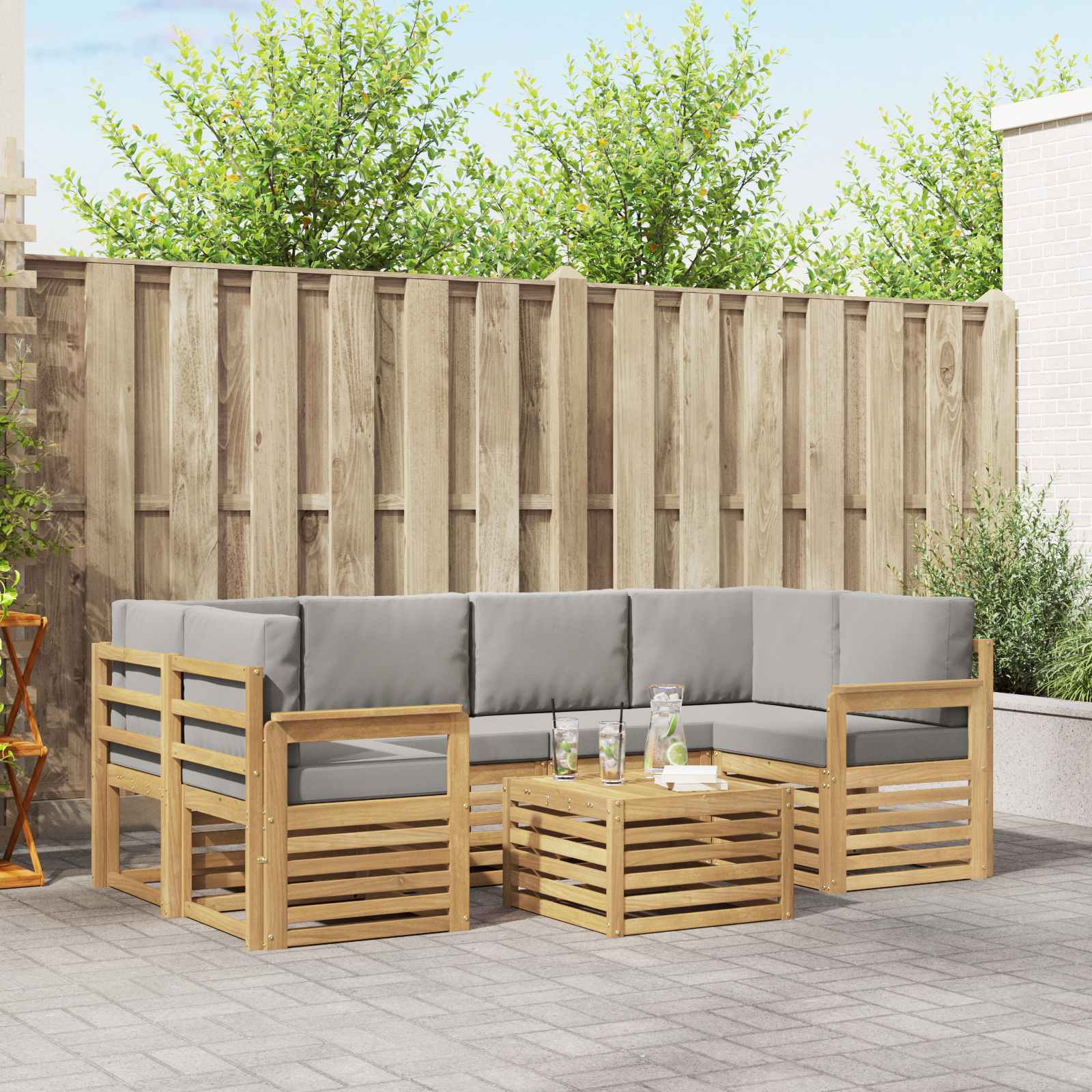 Outdoor-Sofagarnitur 7 pcs Weiß und Hellgrau Polyester