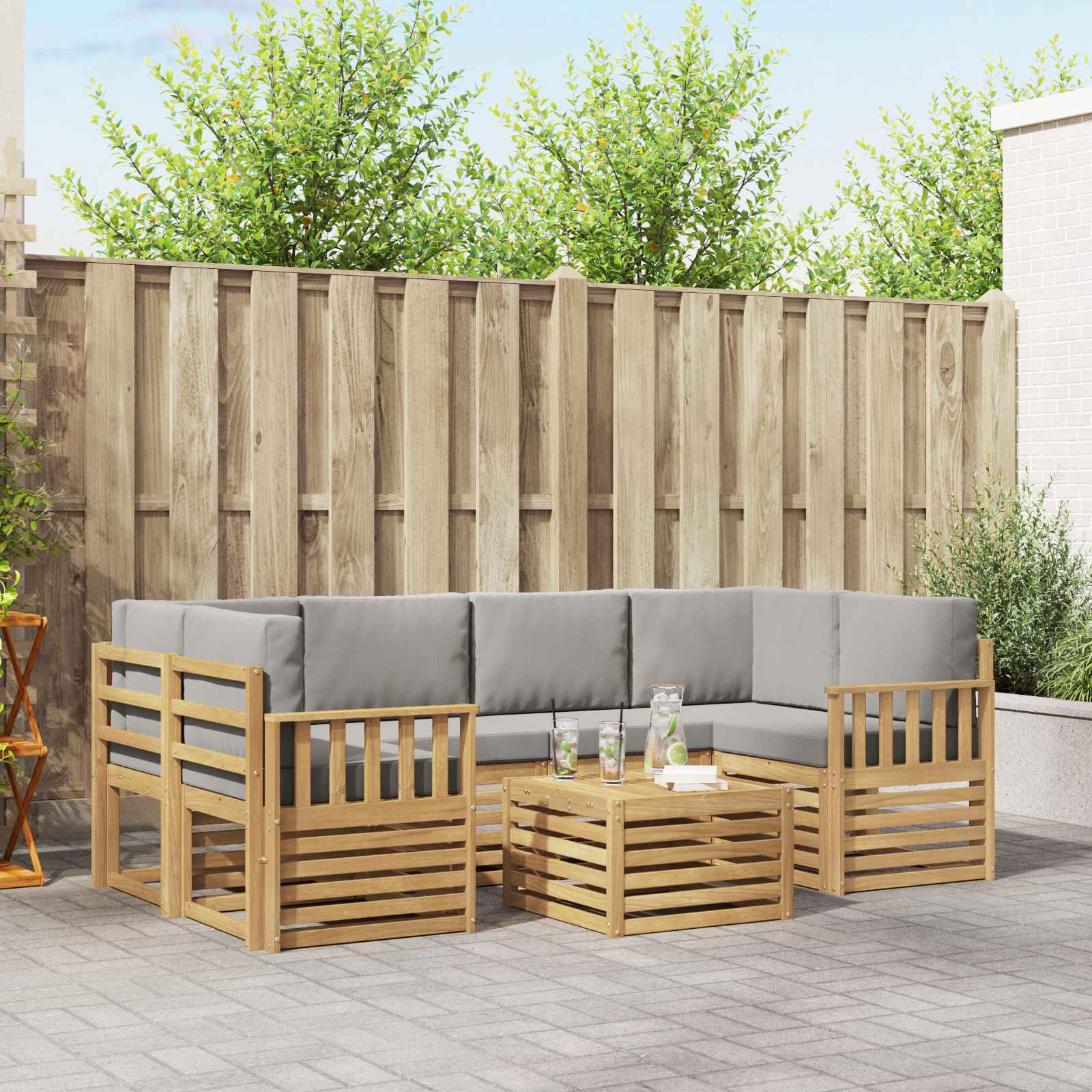 Outdoor-Sofagarnitur 7 pcs Weiß und Hellgrau Polyester