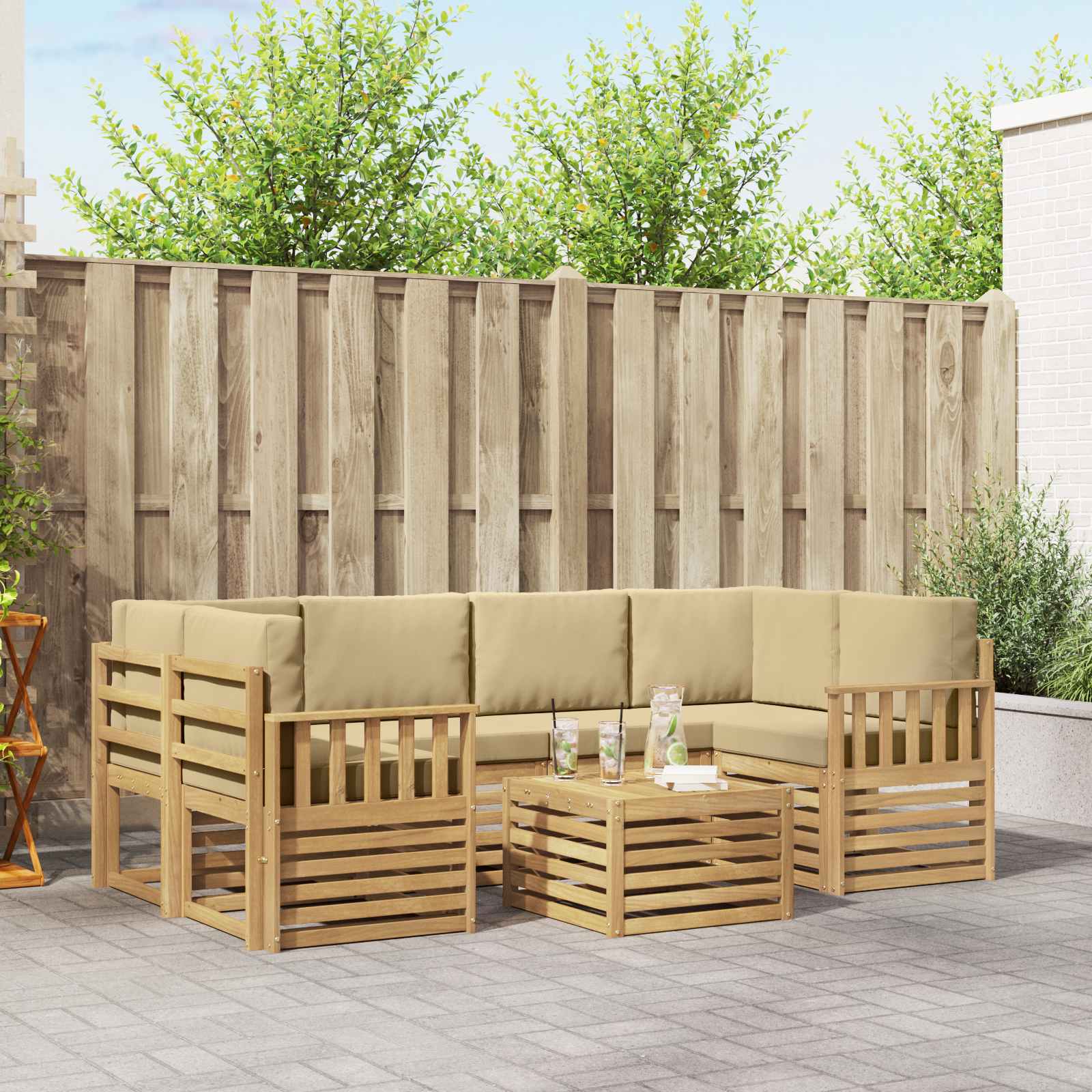Outdoor-Sofagarnitur mit Kissen 7 pcs Weiß und Beige Polyester