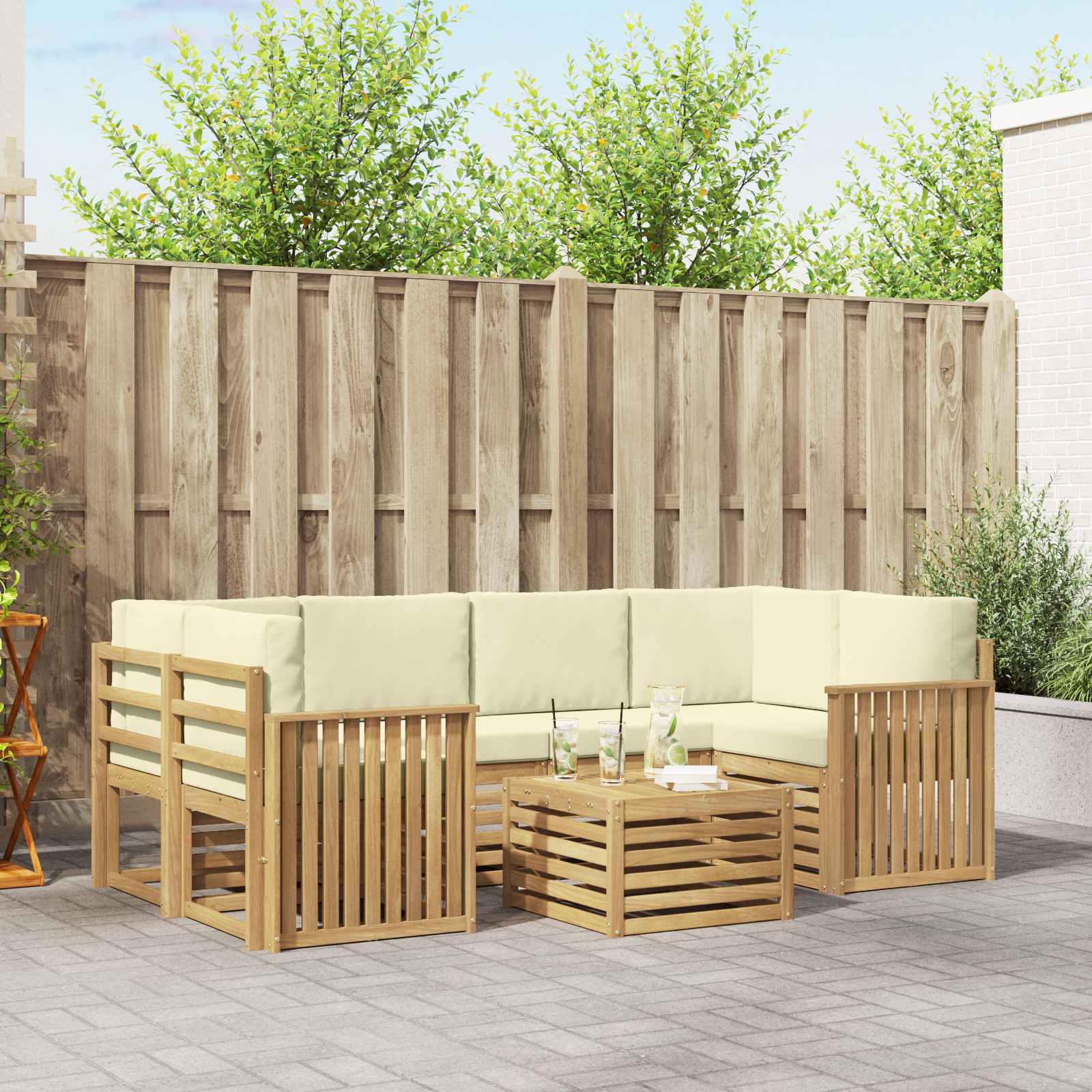 Outdoor-Sofagarnitur mit Kissen 7 pcs Weiß und Creme Polyester