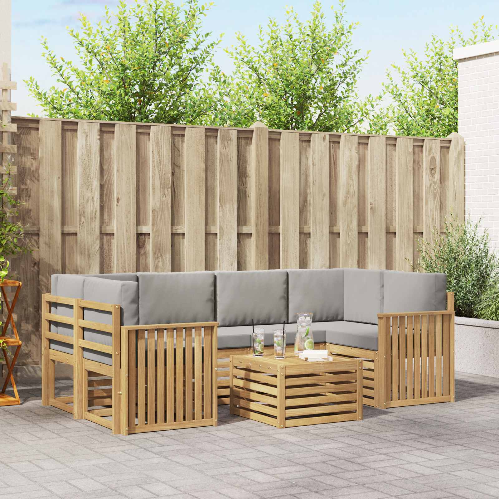 Outdoor-Sofagarnitur 7 pcs Weiß und Hellgrau Polyester