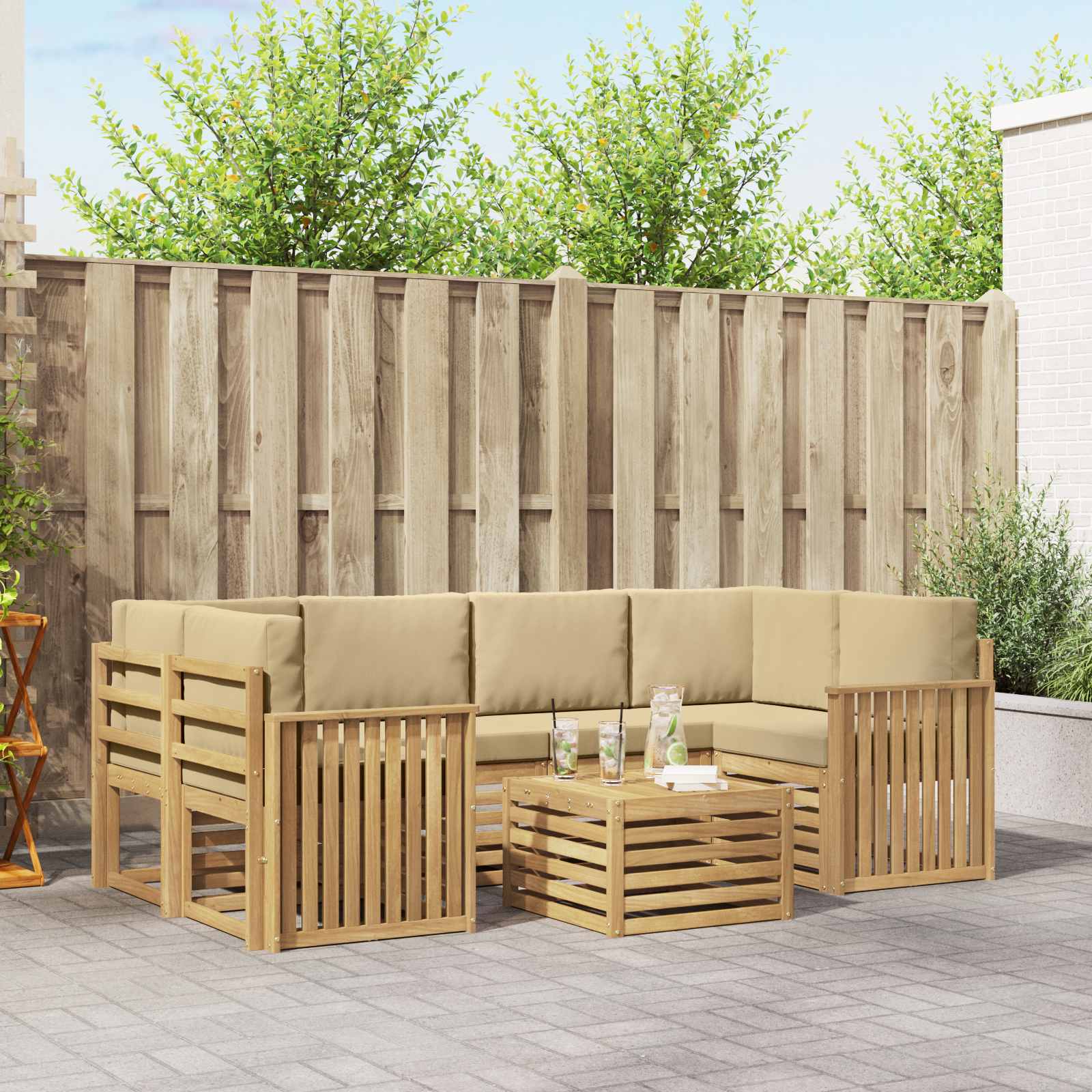 Outdoor-Sofagarnitur mit Kissen 7 pcs Weiß und Beige Polyester