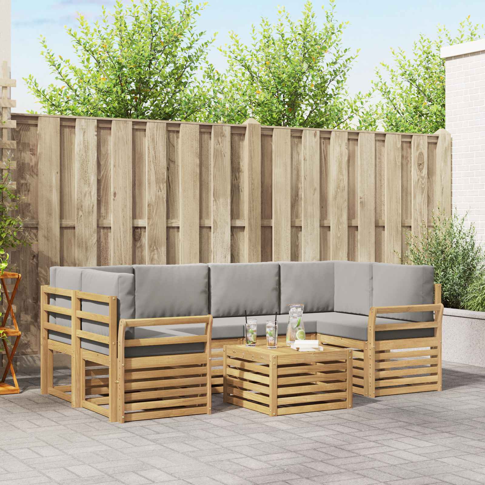 Outdoor-Sofagarnitur 7 pcs Weiß und Hellgrau Polyester