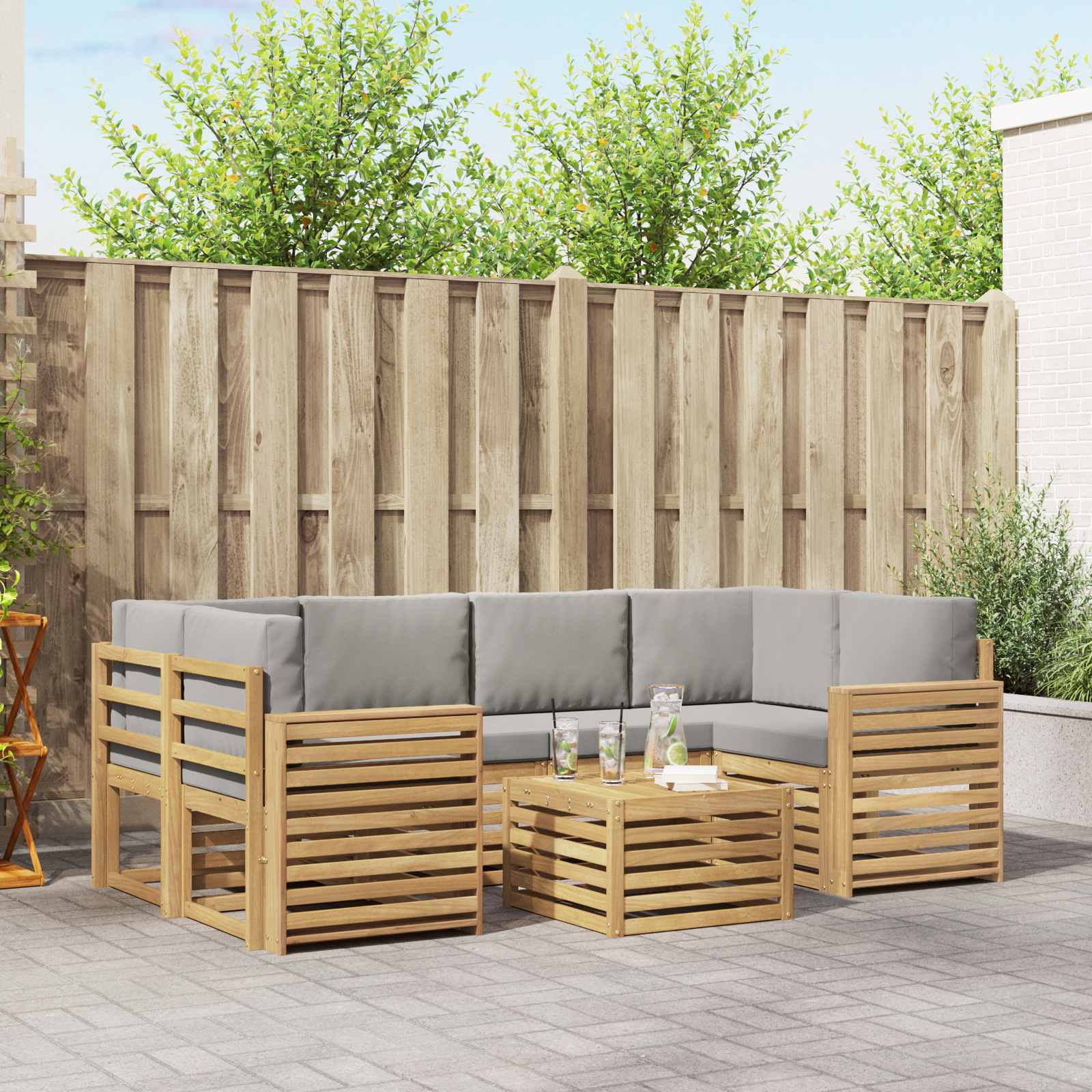 Outdoor-Sofagarnitur 7 pcs Weiß und Hellgrau Polyester