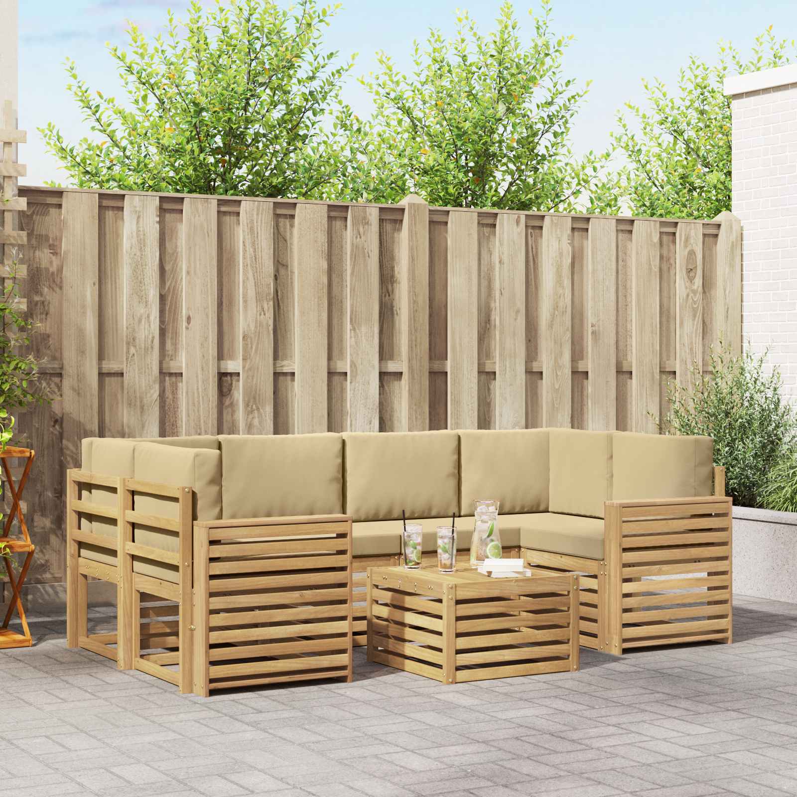Outdoor-Sofagarnitur mit Kissen 7 pcs Weiß und Beige Polyester