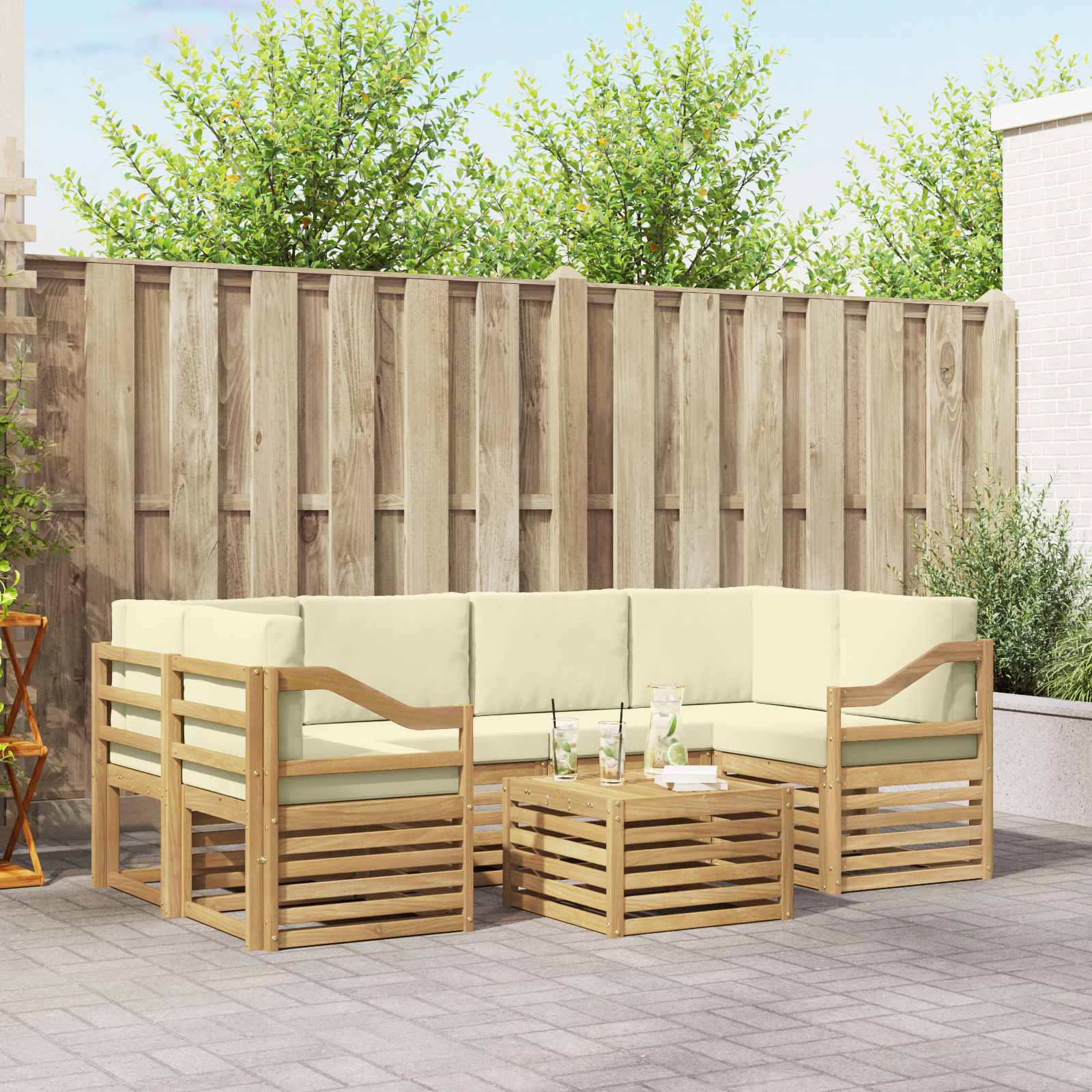 Outdoor-Sofagarnitur mit Kissen 7 pcs Weiß und Creme Polyester