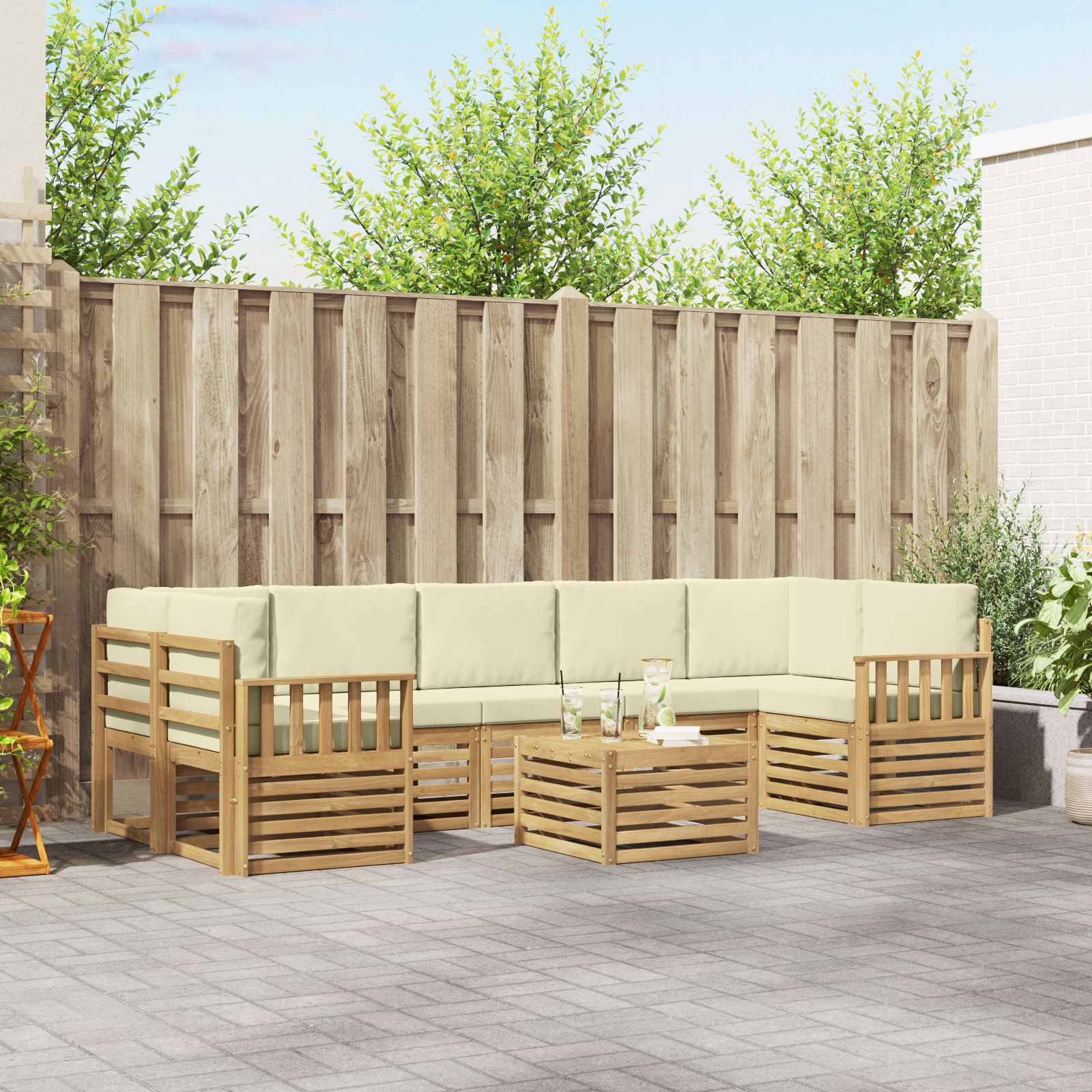 Outdoor-Sofagarnitur mit Kissen 8 pcs Weiß und Creme Polyester