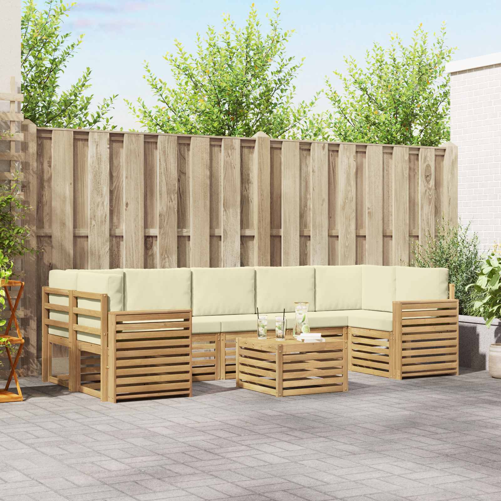 Outdoor-Sofagarnitur mit Kissen 8 pcs Weiß und Creme Polyester