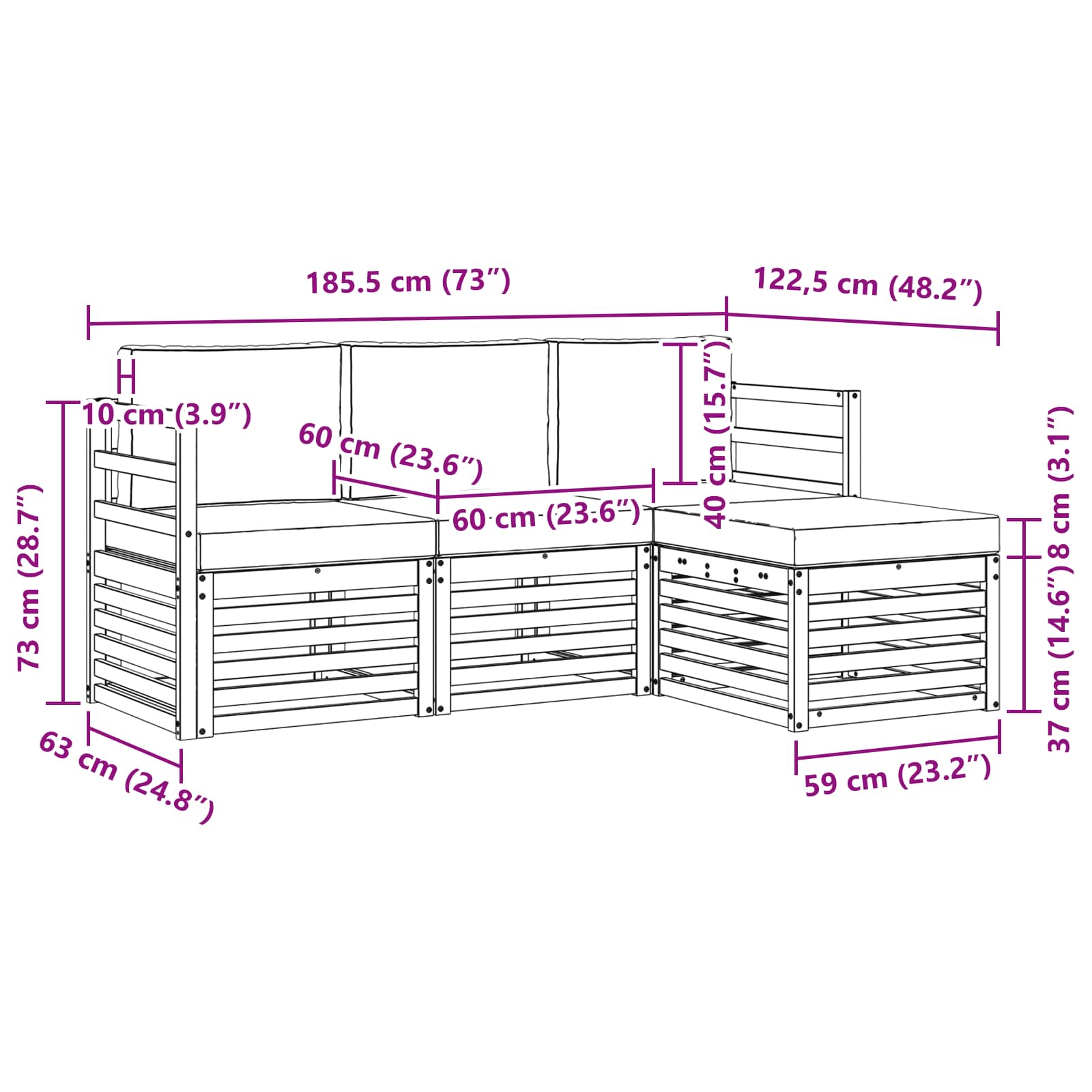 Outdoor-Sofagarnitur 4 pcs Weiß und Creme 185,5 x 122,5 x 73 cm