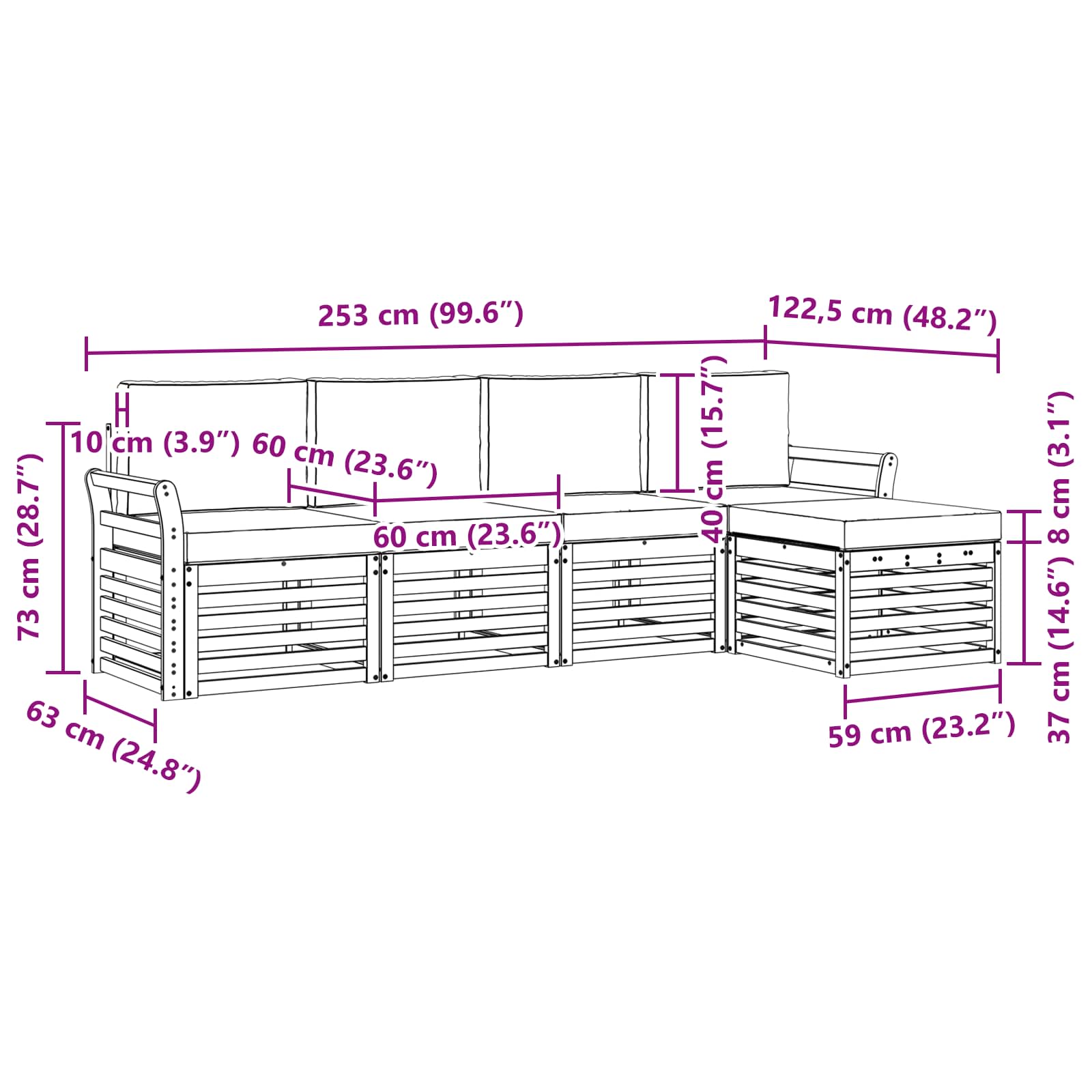 Outdoor-Sofagarnitur 5 pcs Weiß und Creme 253 x 122,5 x 73 cm