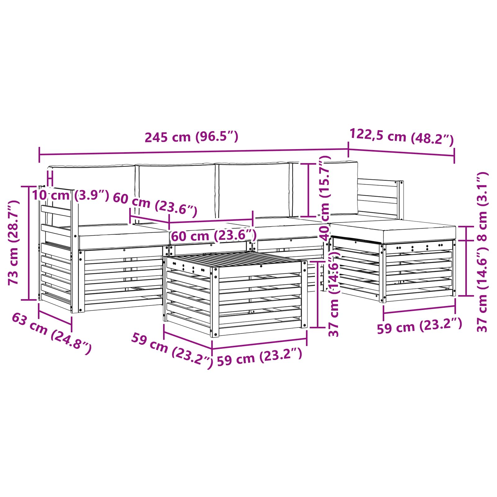 Outdoor-Sofagarnitur 6 pcs Weiß und Creme 59 x 59 x 37 cm