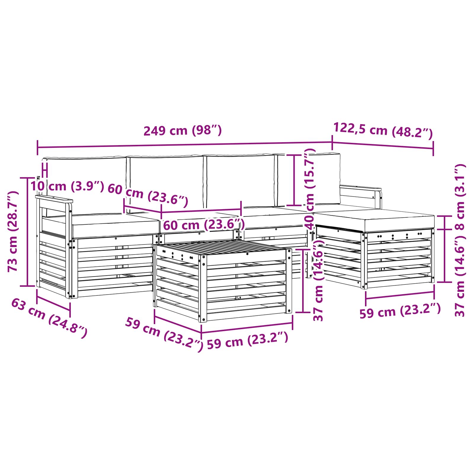 Outdoor-Sofagarnitur 6 pcs Weiß und Hellgrau 59 x 59 x 37 cm