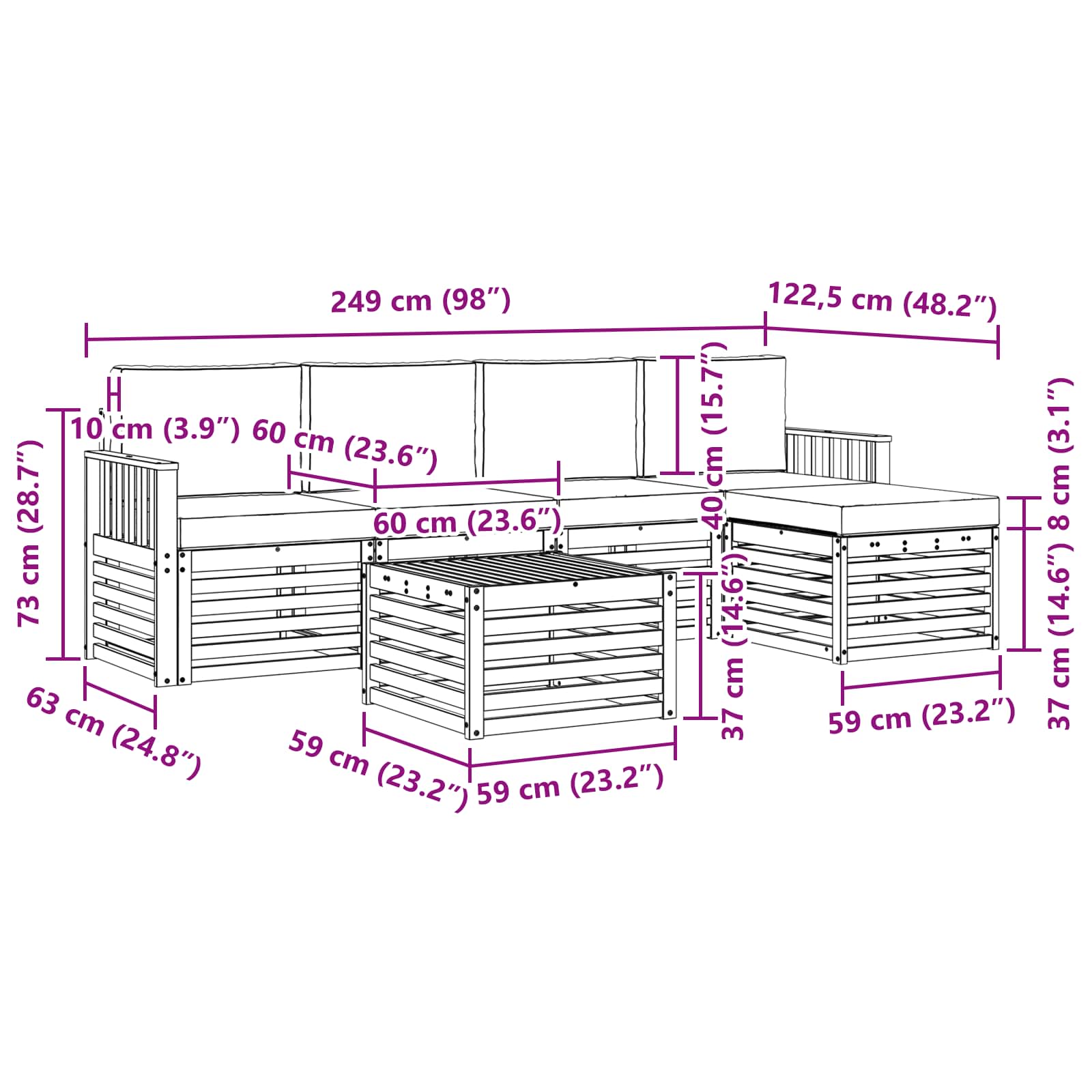 Outdoor-Sofagarnitur 6 pcs Weiß und Anthrazit 59 x 59 x 37 cm
