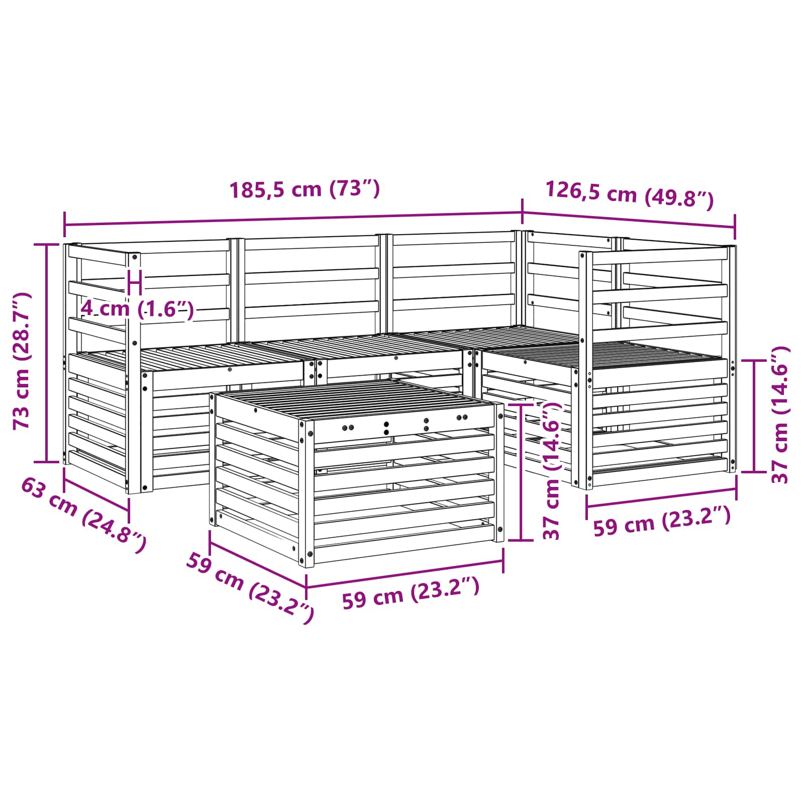 Outdoor-Sofagarnitur 5 pcs Weiß 59 x 59 x 37 cm