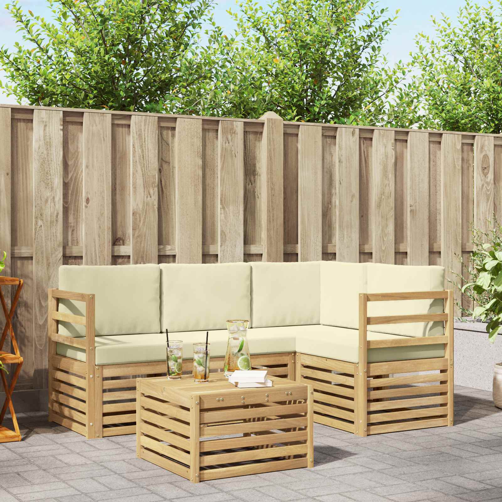 Outdoor-Sofagarnitur mit Kissen 5 pcs Weiß und Creme Polyester