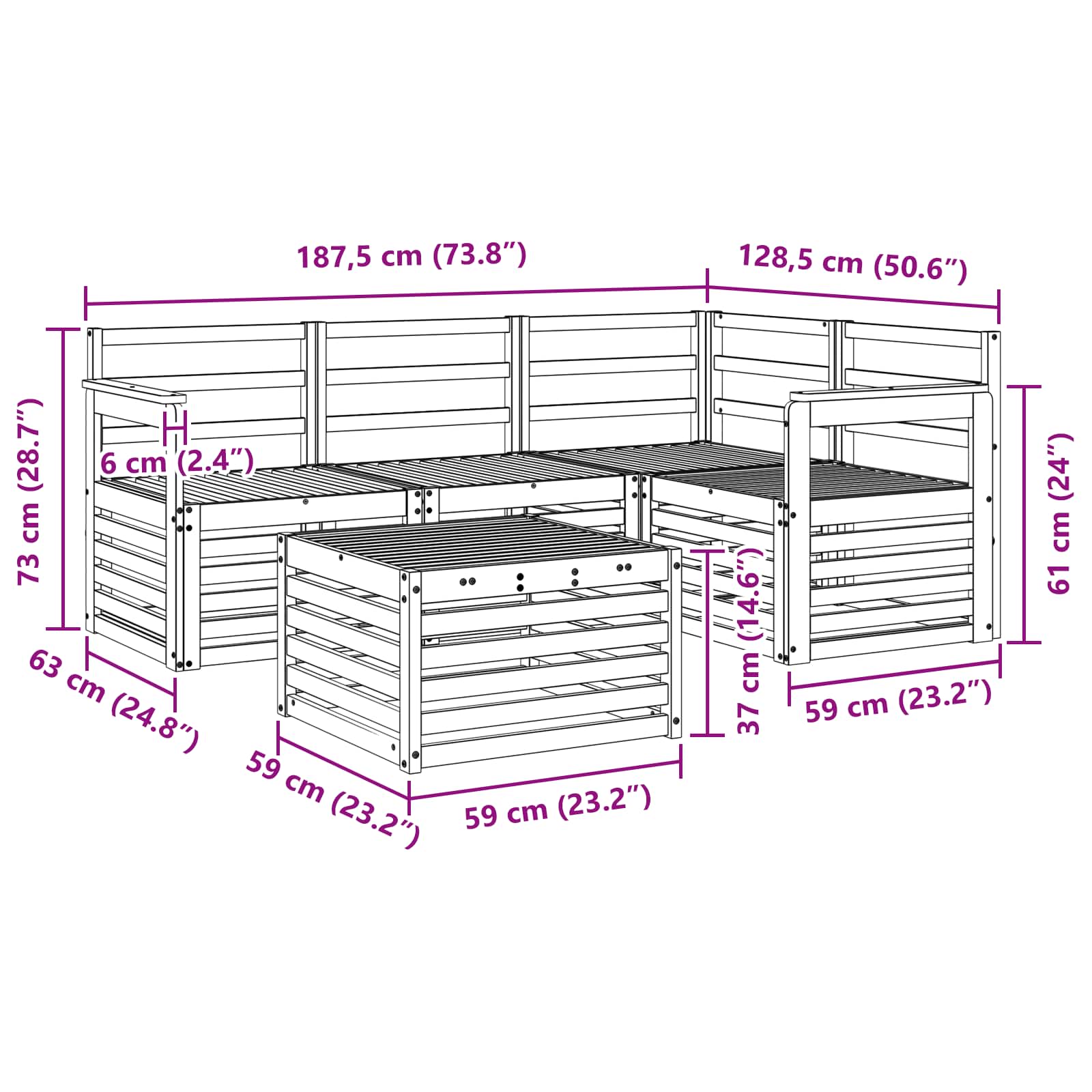 Outdoor-Sofagarnitur 5 pcs Weiß 59 x 59 x 37 cm