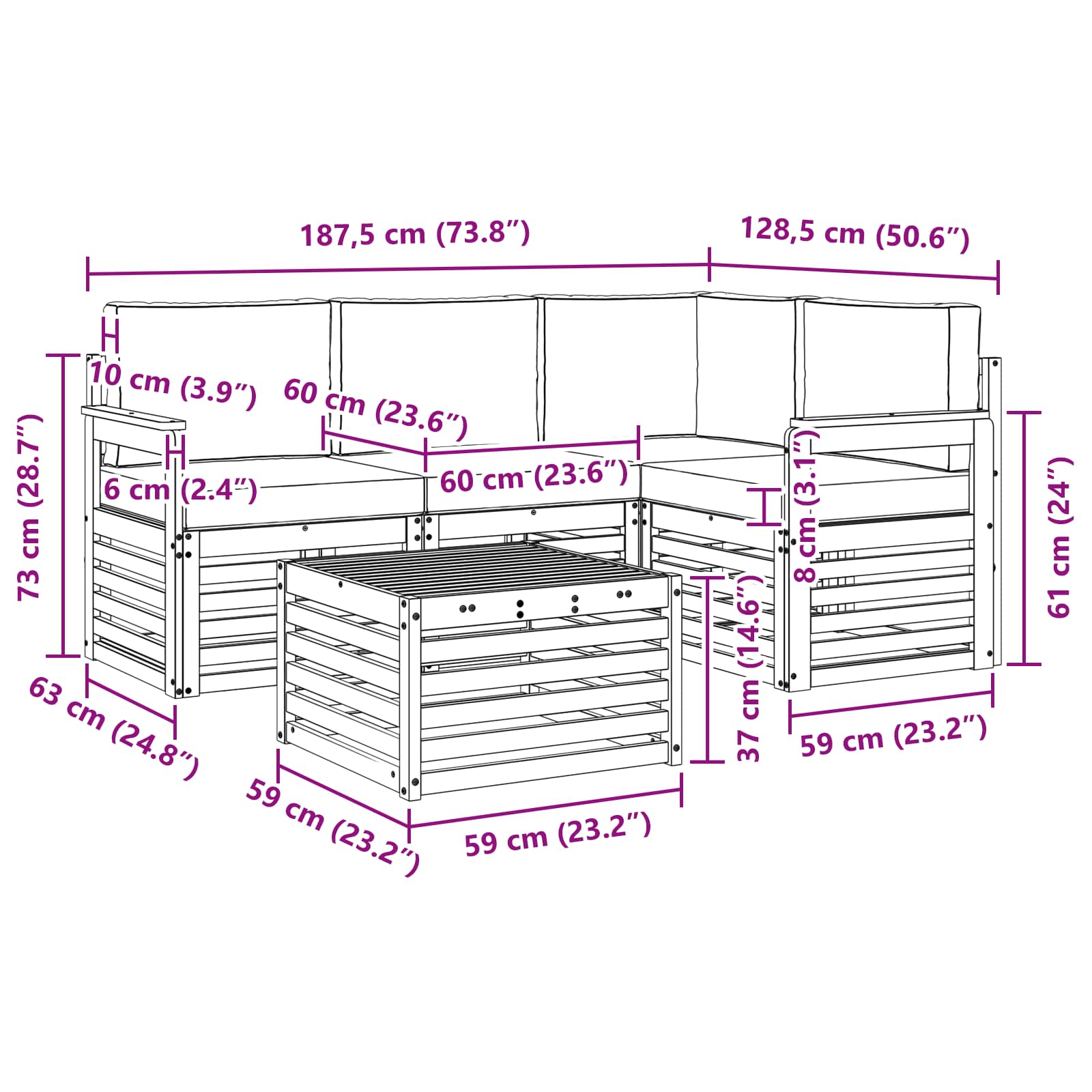 Outdoor-Sofagarnitur 5 pcs Weiß und Creme 59 x 59 x 37 cm
