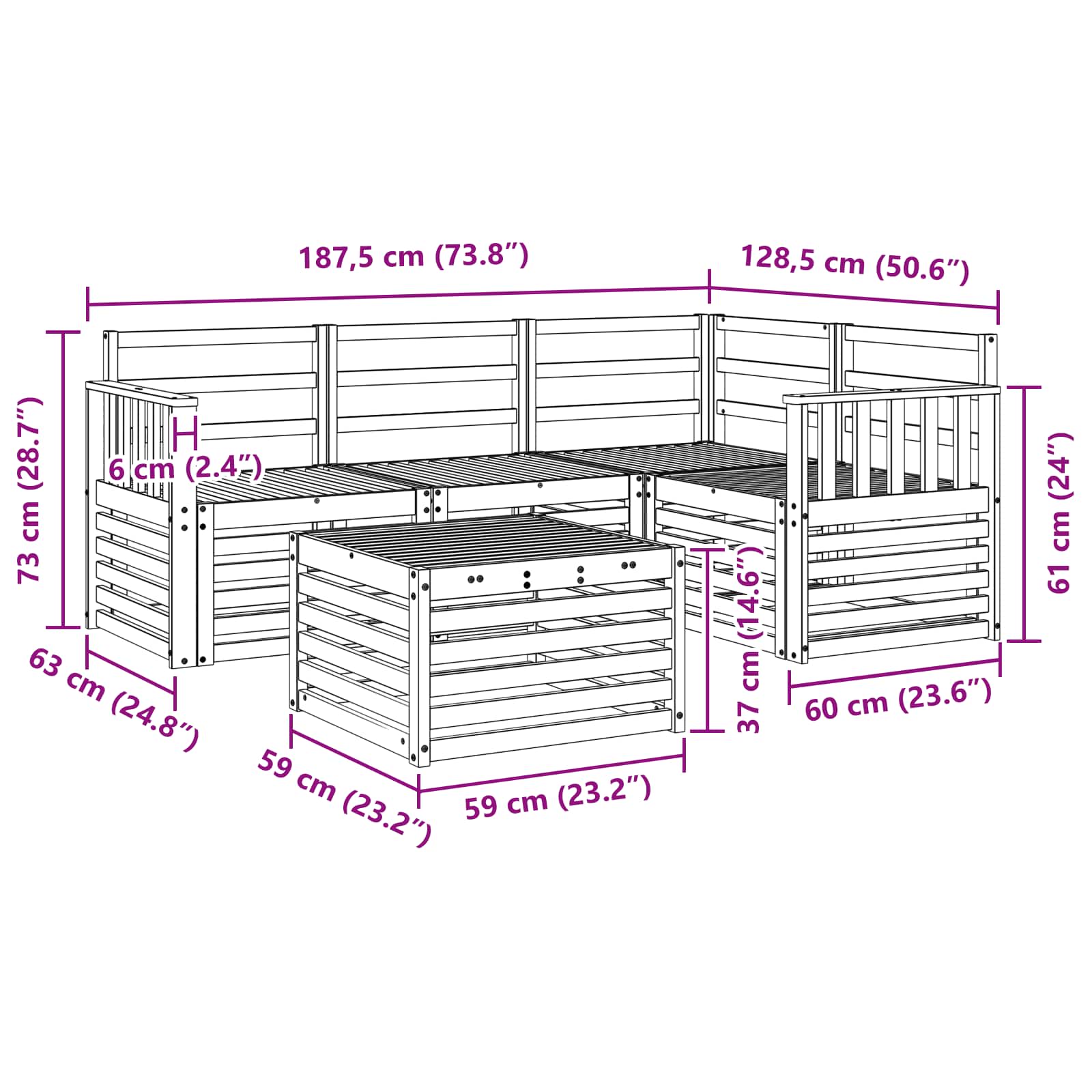 Outdoor-Sofagarnitur 5 pcs Weiß 59 x 59 x 37 cm