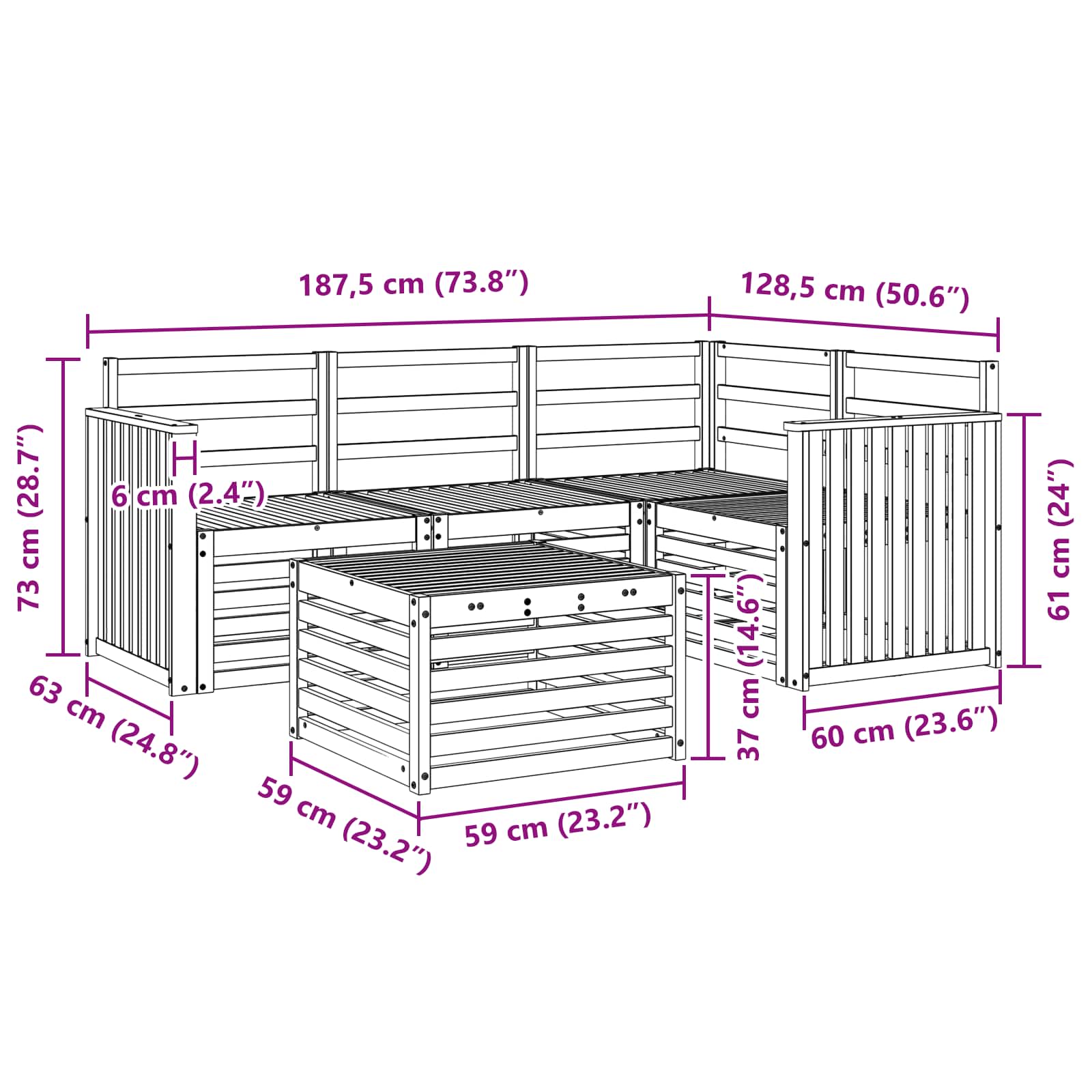 Outdoor-Sofagarnitur 5 pcs Weiß 59 x 59 x 37 cm