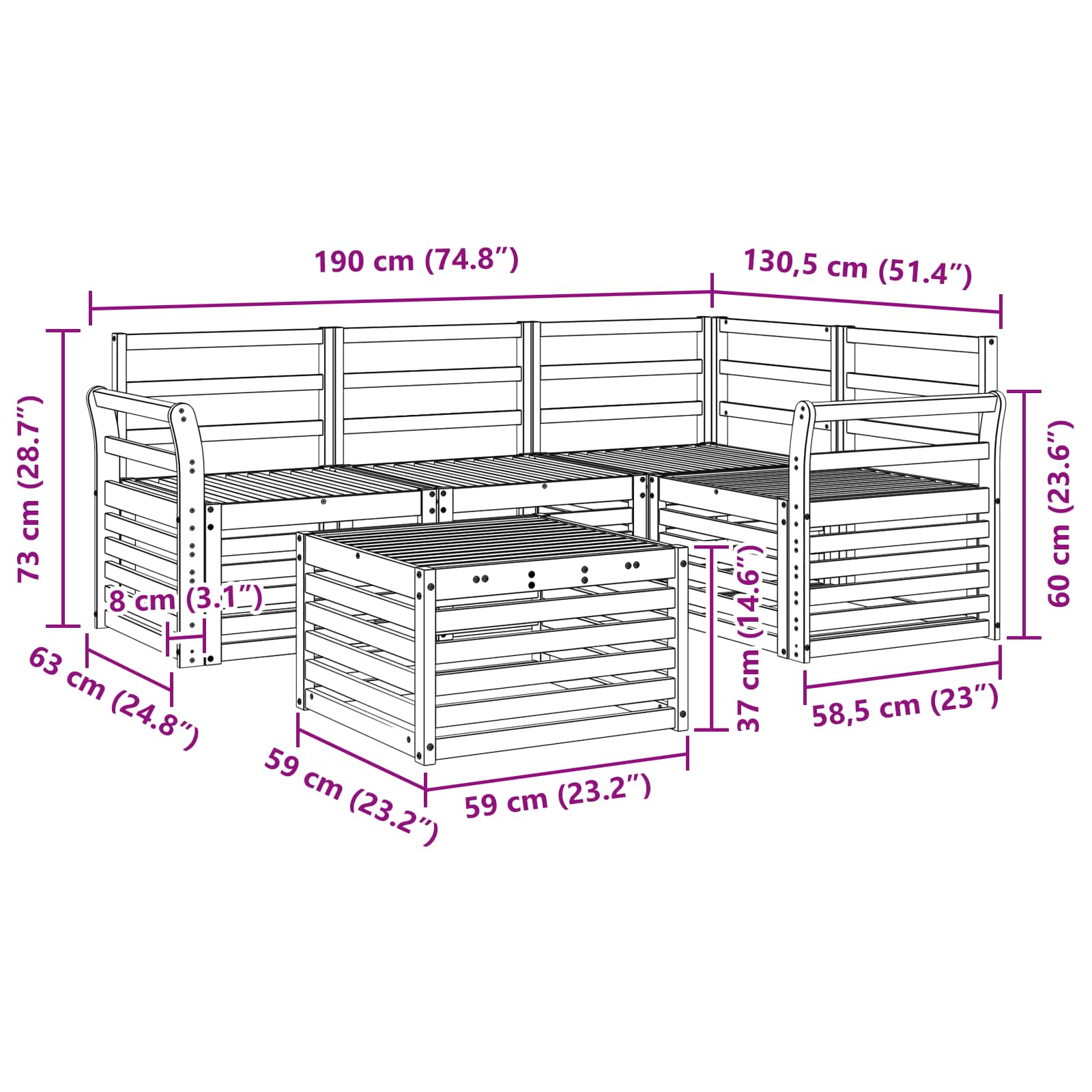 Outdoor-Sofagarnitur 5 pcs Weiß 59 x 59 x 37 cm