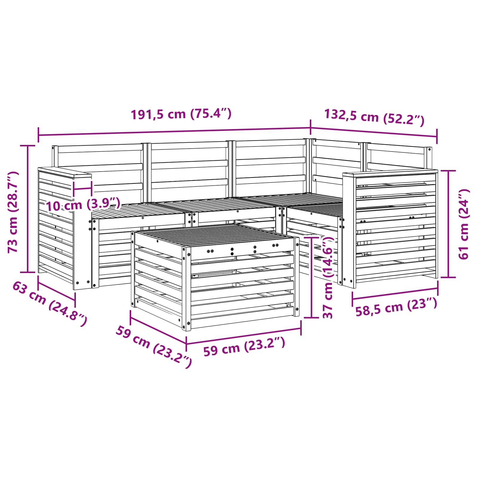 Outdoor-Sofagarnitur 5 pcs Weiß 59 x 59 x 37 cm