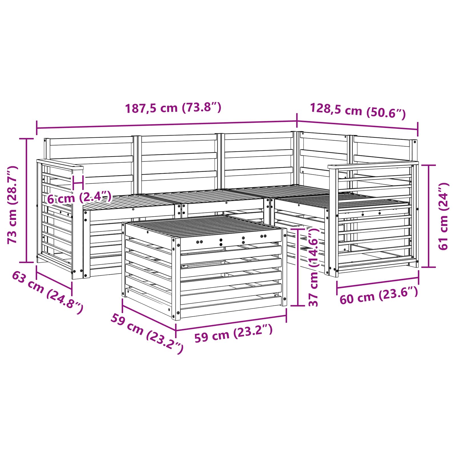 Outdoor-Sofagarnitur 5 pcs Weiß 59 x 59 x 37 cm