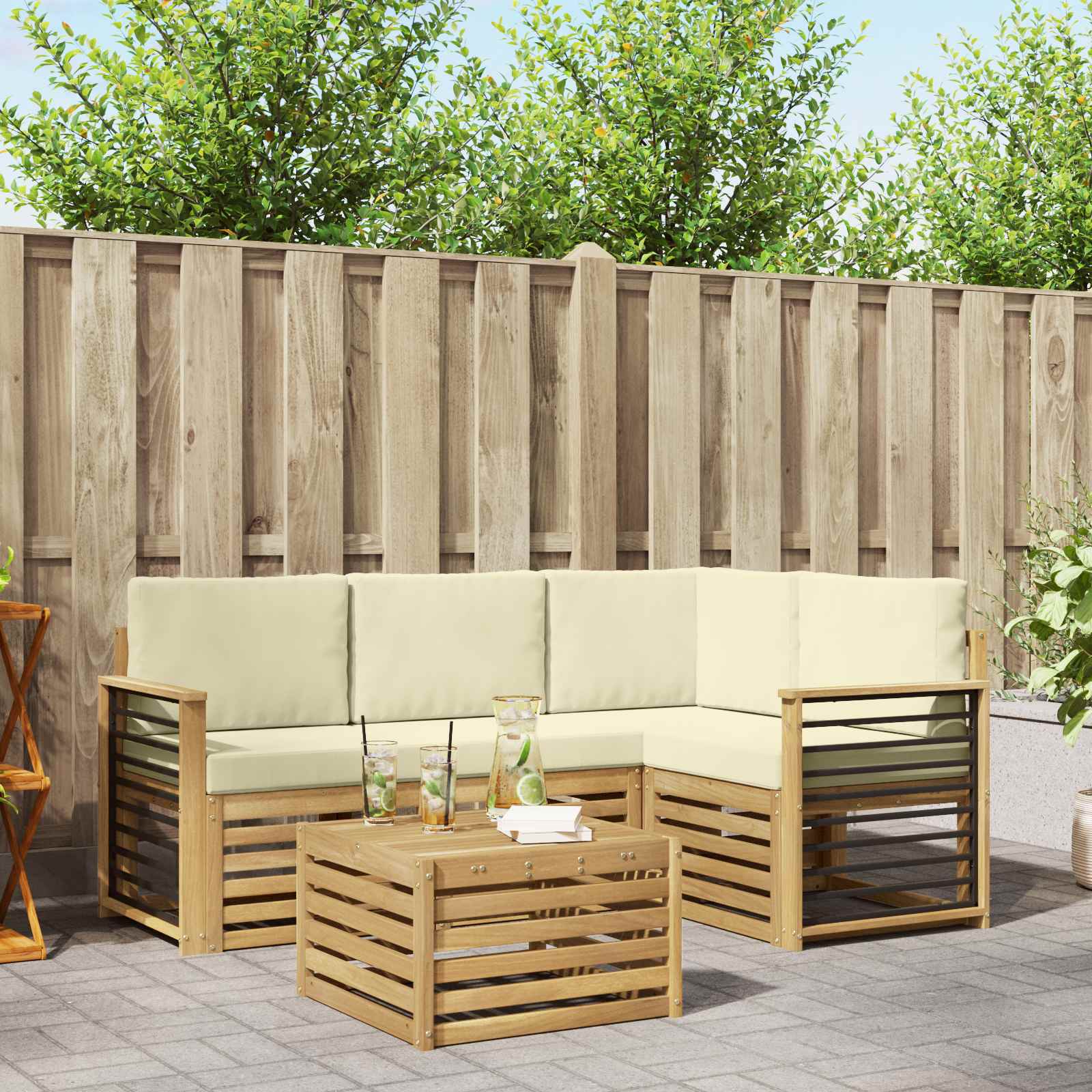 Outdoor-Sofagarnitur mit Kissen 5 pcs Weiß und Creme Polyester