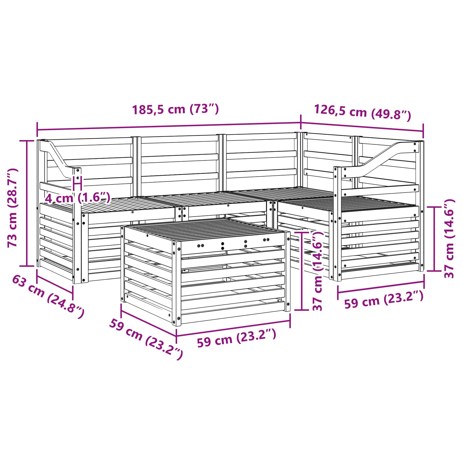Outdoor-Sofagarnitur 5 pcs Weiß 59 x 59 x 37 cm