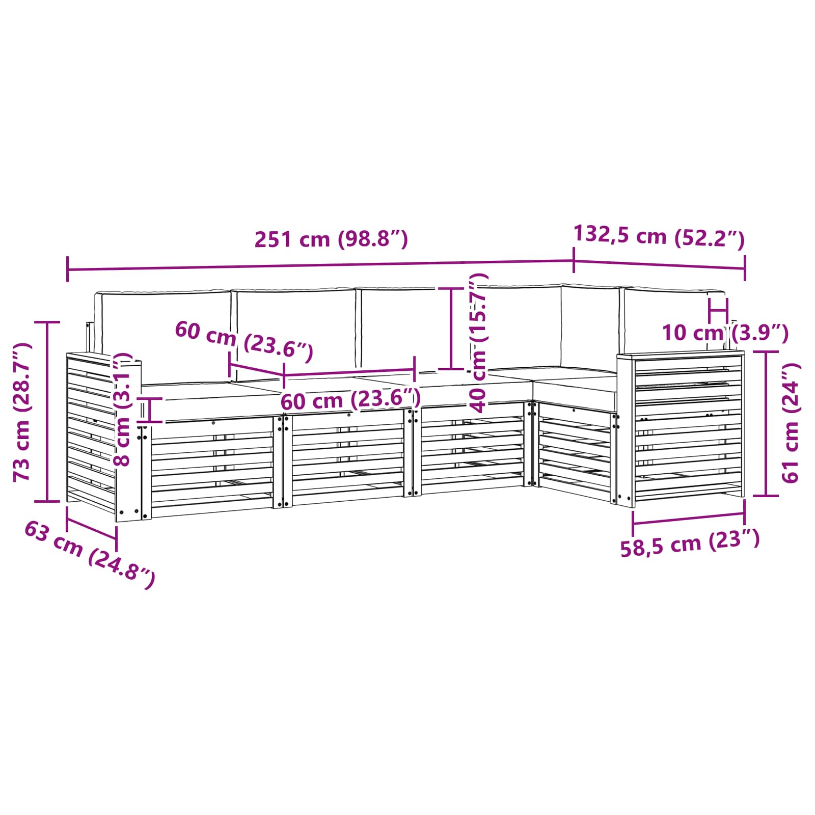 Outdoor-Sofagarnitur 5 pcs Weiß und Creme 251 x 132,5 x 73 cm