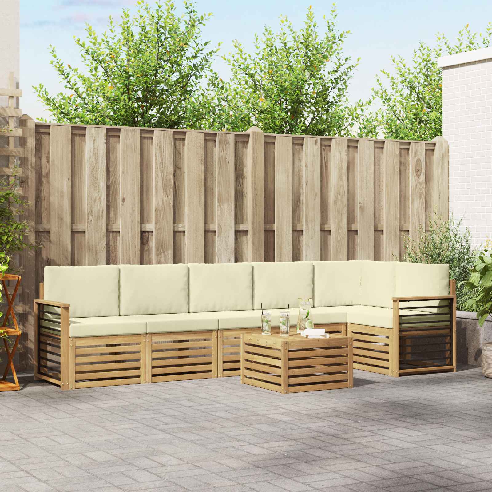Ecksofa Set mit Kissen 7 pcs Weiß und Creme Massivholz Akazie