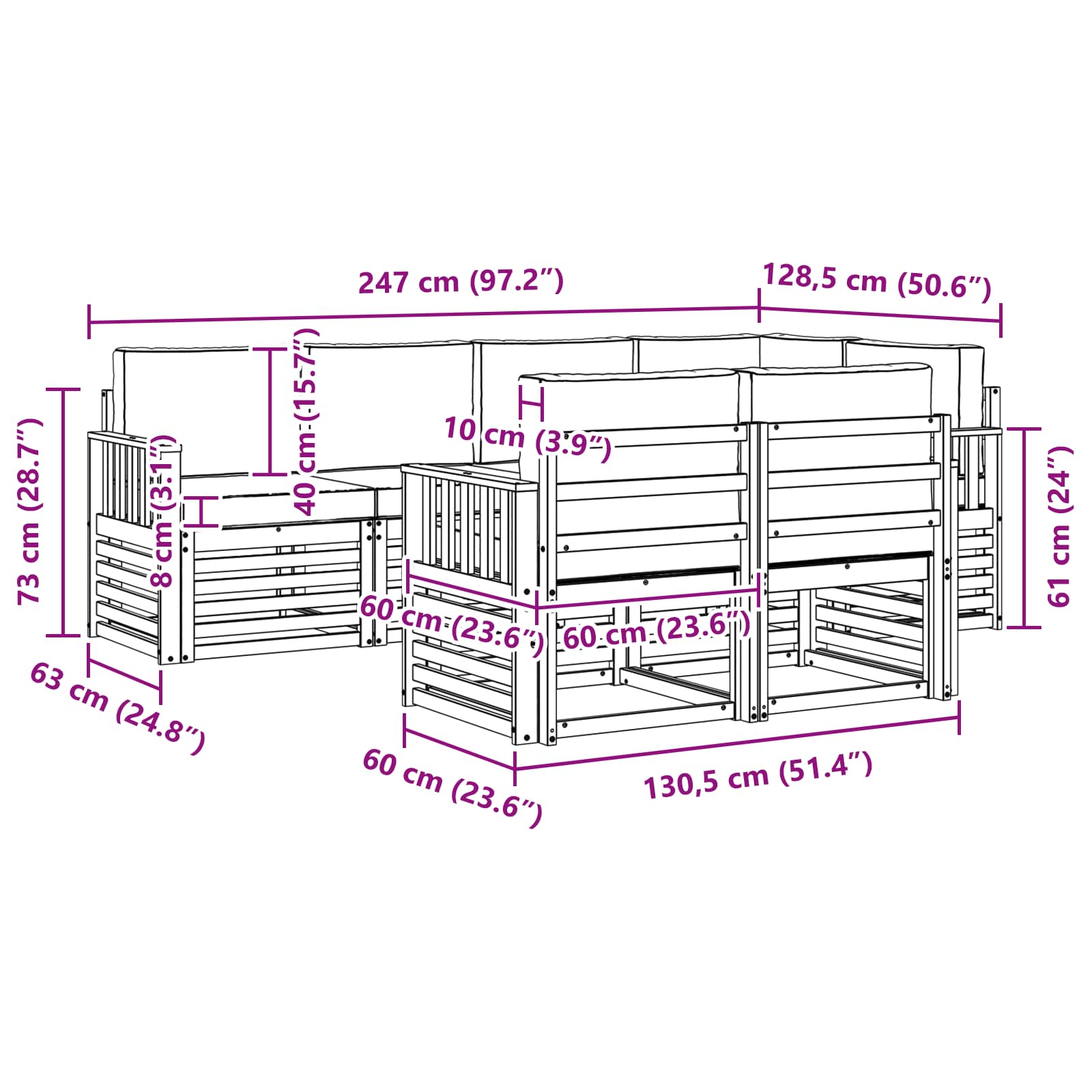 Outdoor-Sofagarnitur 7 pcs Weiß und Creme 247 x 128,5 x 73 cm