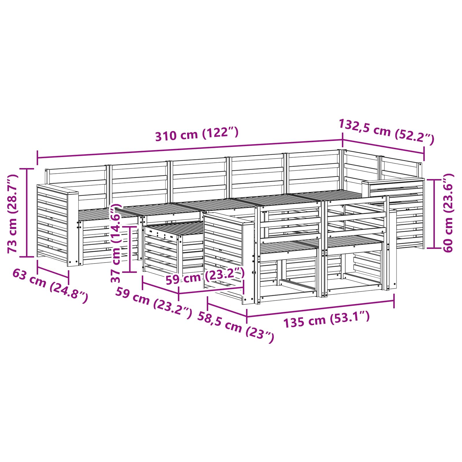 Outdoor-Sofagarnitur 9 pcs Weiß 59 x 59 x 37 cm